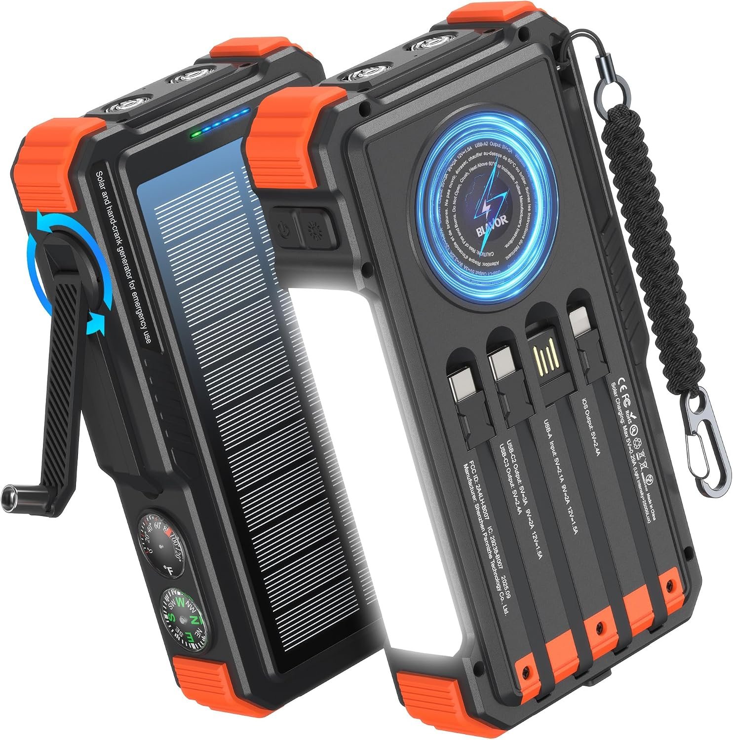 BLAVOR Solar Power Bank with Hand Crank and Built-in 4 Cables 20000mAh