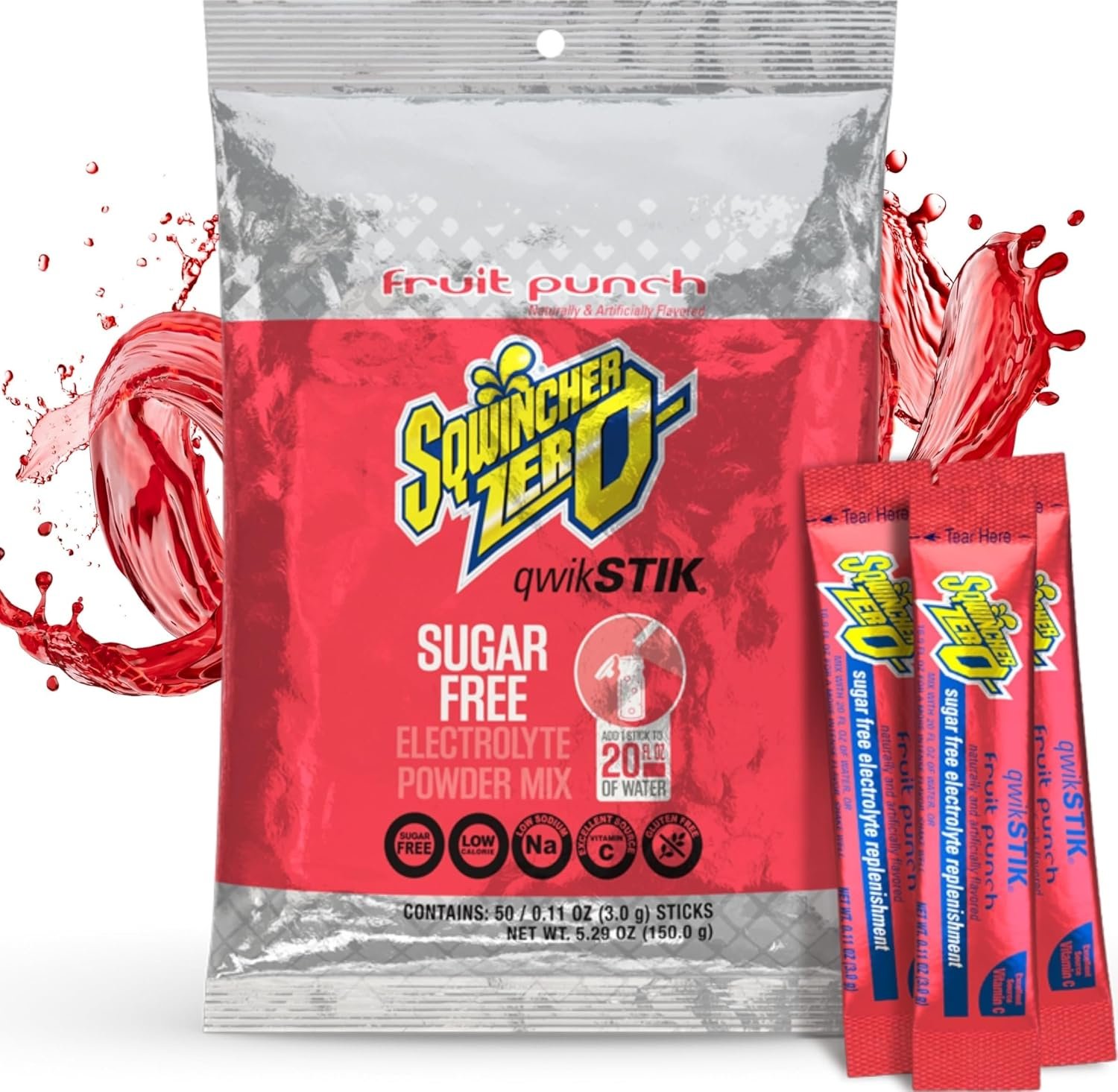 Sqwincher Qwik Stik, Sugar Free, Fruit Punch Flavor, .11oz Packet, 50 Pack