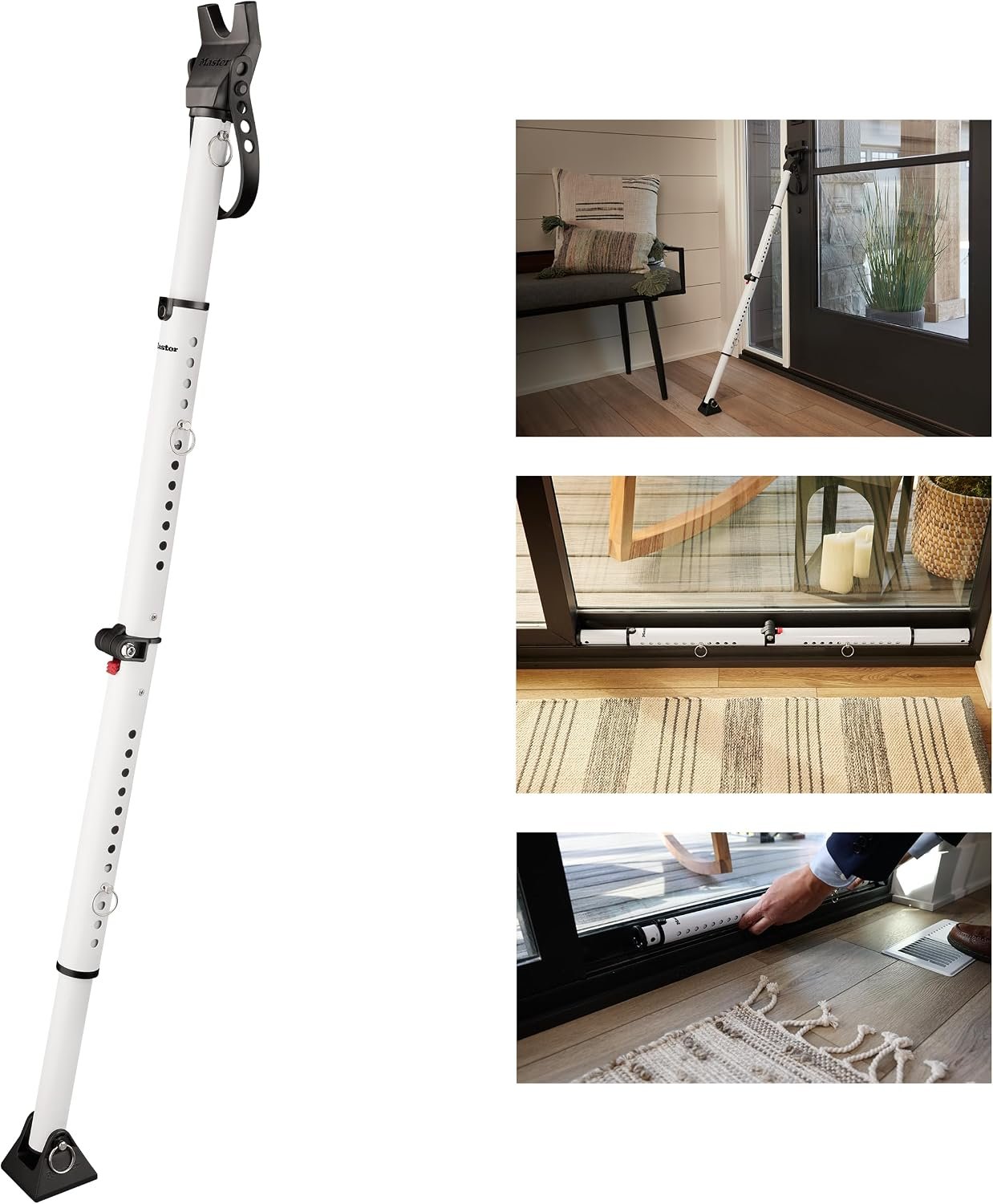 Master Lock Sliding Door Stopper and Door Security Bar, Adjustable for Hinged and Sliding Doors, Compact Enough to Travel for Hotel Security, White, 270EC