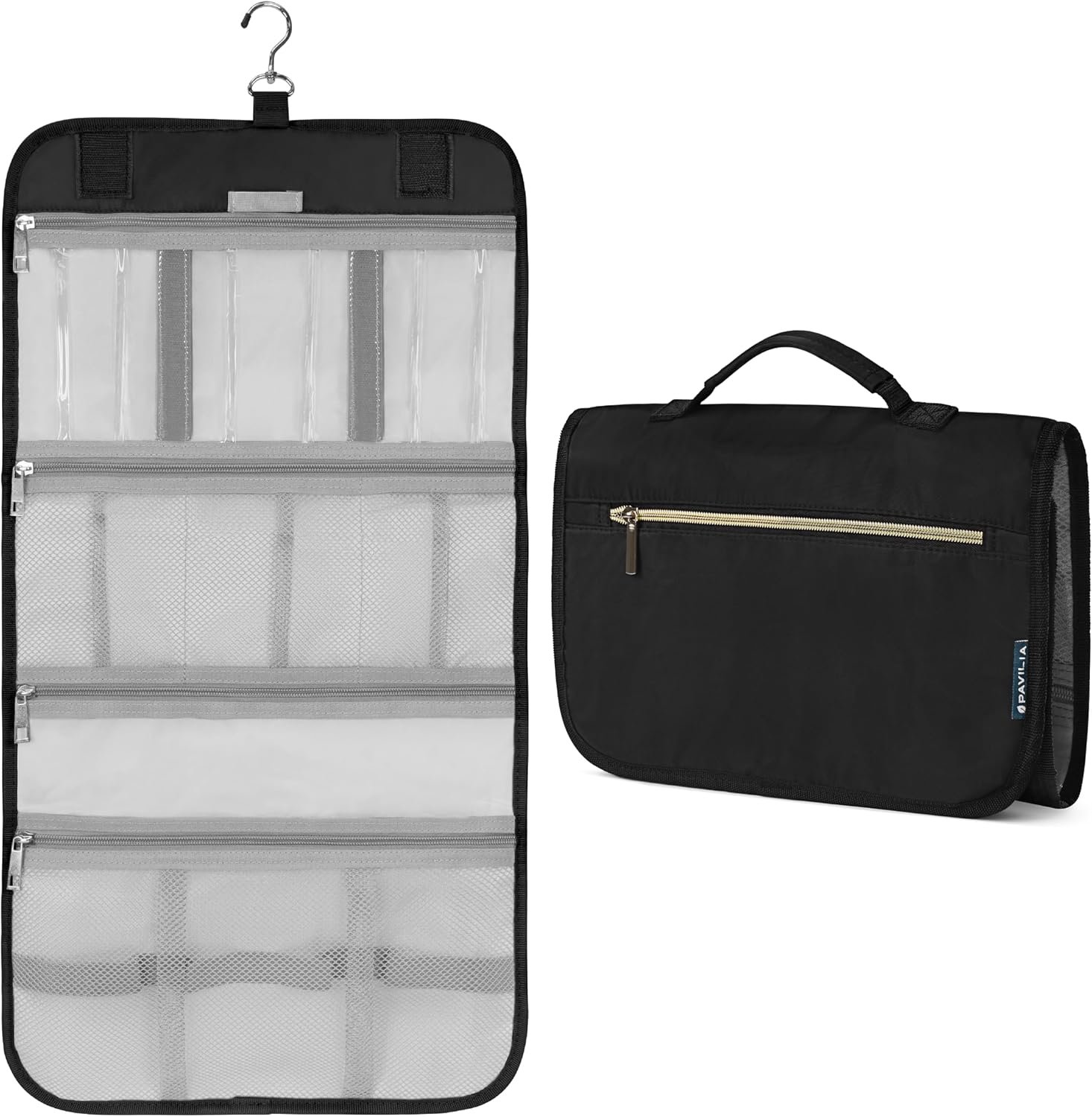 PAVILIA Hanging Toiletry Bag for Women Men Foldable Travel Organizer, Black
