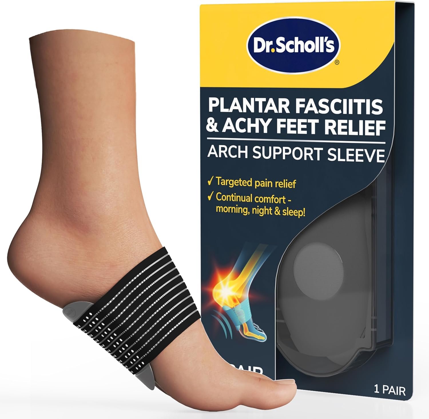 Dr. Scholl’s® Plantar Fasciitis & Achy Feet Relief Arch Support Sleeve, Cushioned Arch Supports, Compression Band, Foam Pad Insert, Non Slip Sole, All-Day Wear, Morning to Night, Unisex 1 Pair