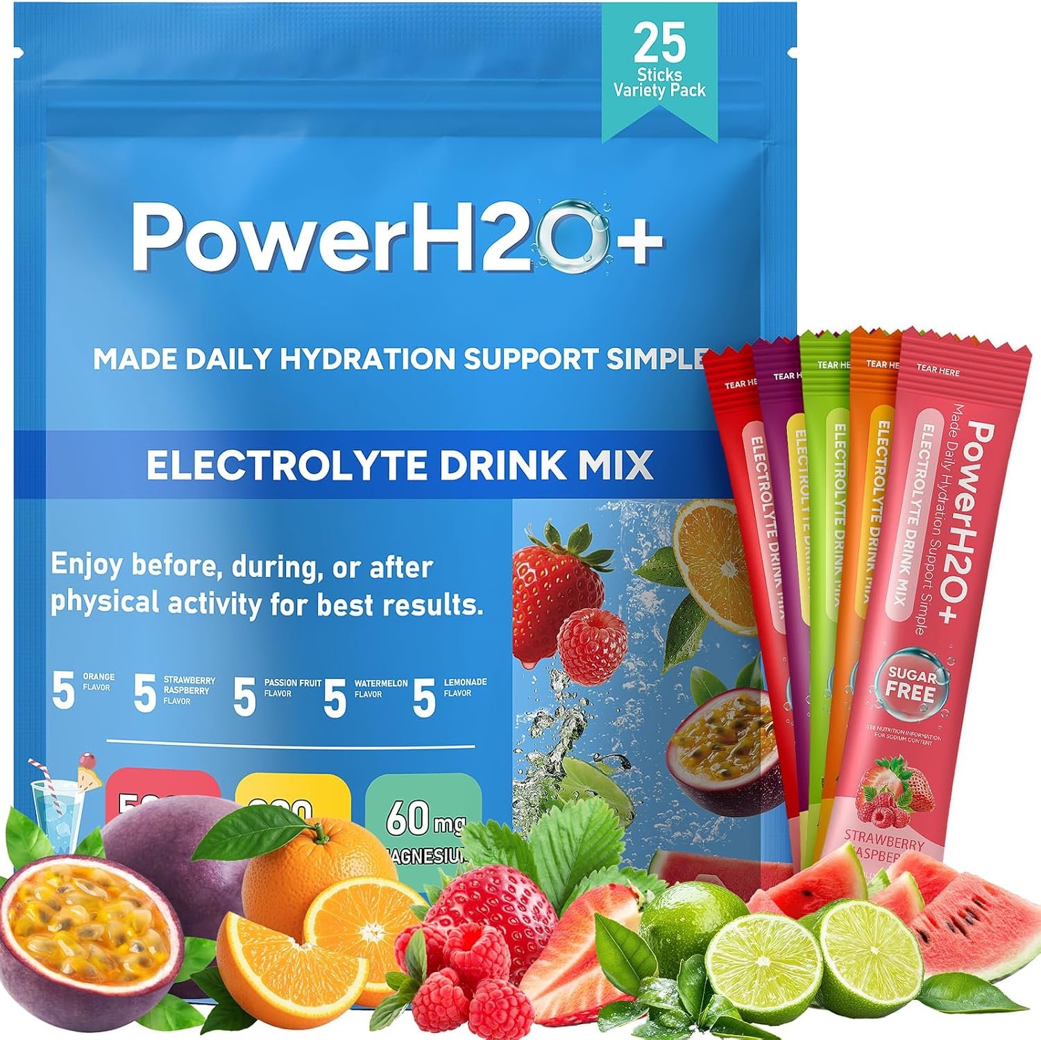 Sugar Free Electrolytes Powder Packets, 25 Sticks, 5 Flavors