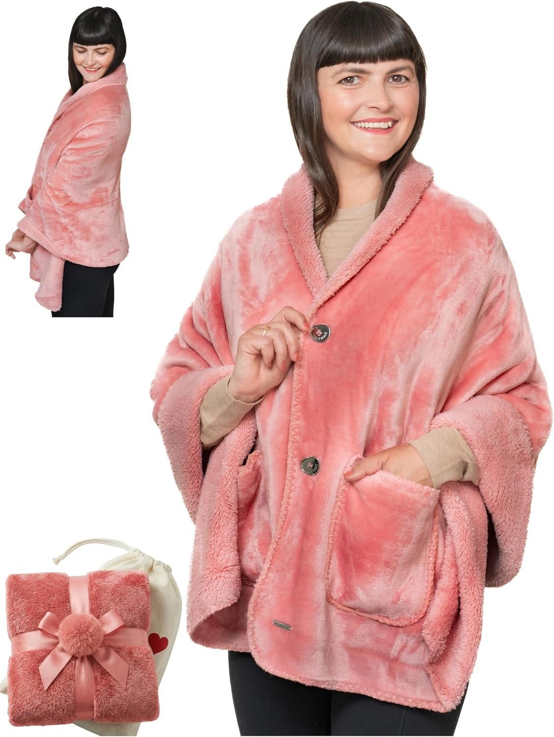 Original Premium Double Layer Poncho Blanket, No Sleeves, Sherpa (Pink)