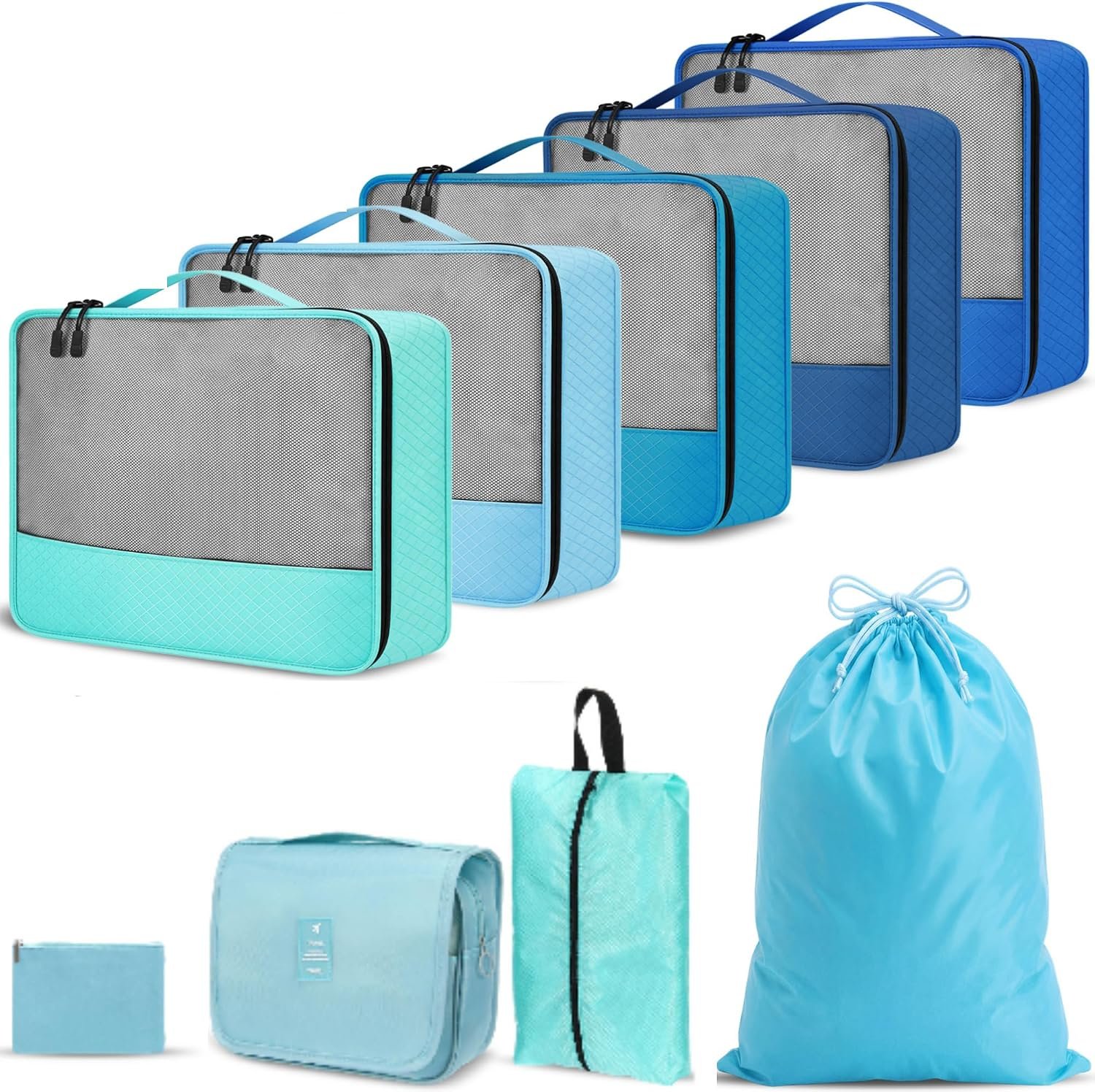 9 Pcs Packing Cubes Set for Travel with Waterproof Clothing Cubes Toiletry Shoe Laundry Jewelry Bag for Women Men(Light Blue)
