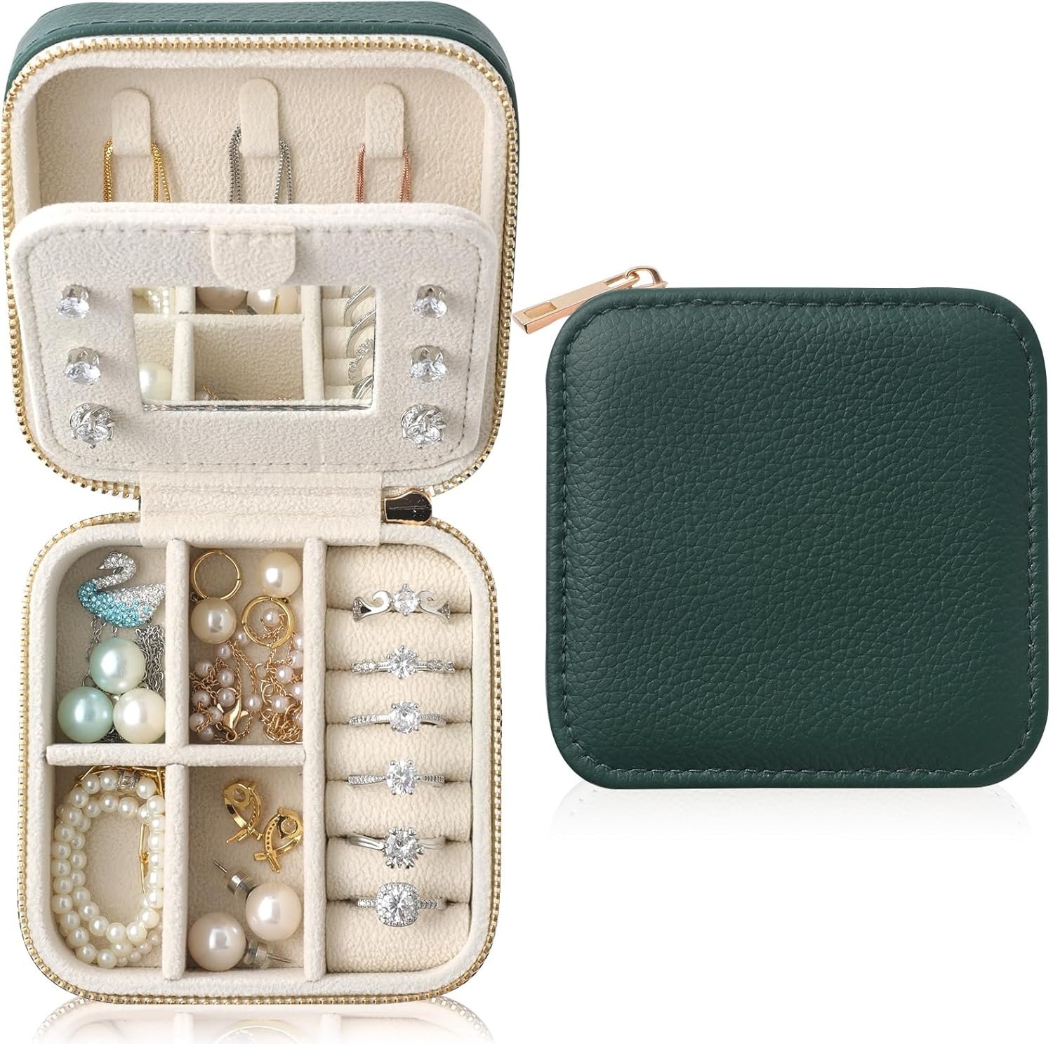 Genuine Leather Travel Jewelry Organizer Case with Mirror for Women, Small Mini Portable Jewelry Box for Earring, Ring, Necklace, Bracelet（Dark Green）