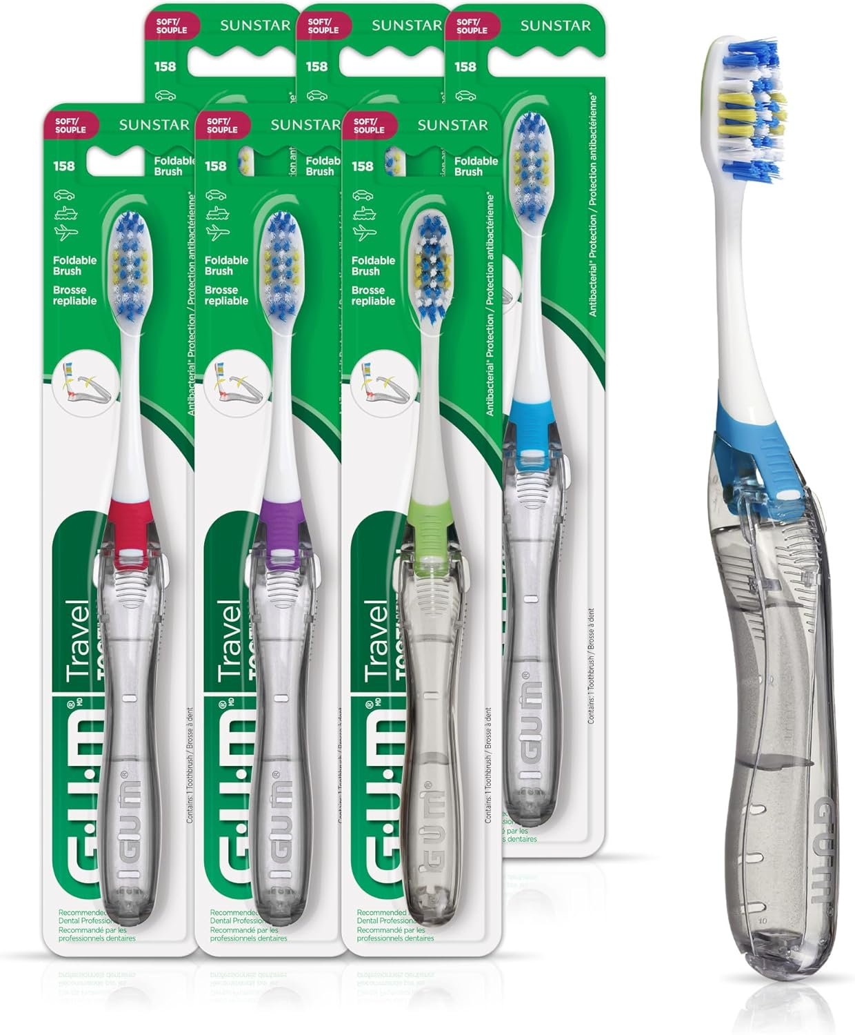 GUM Folding Travel Toothbrush, Soft Bristle, Compact Head, 1 Count (6 Pack)