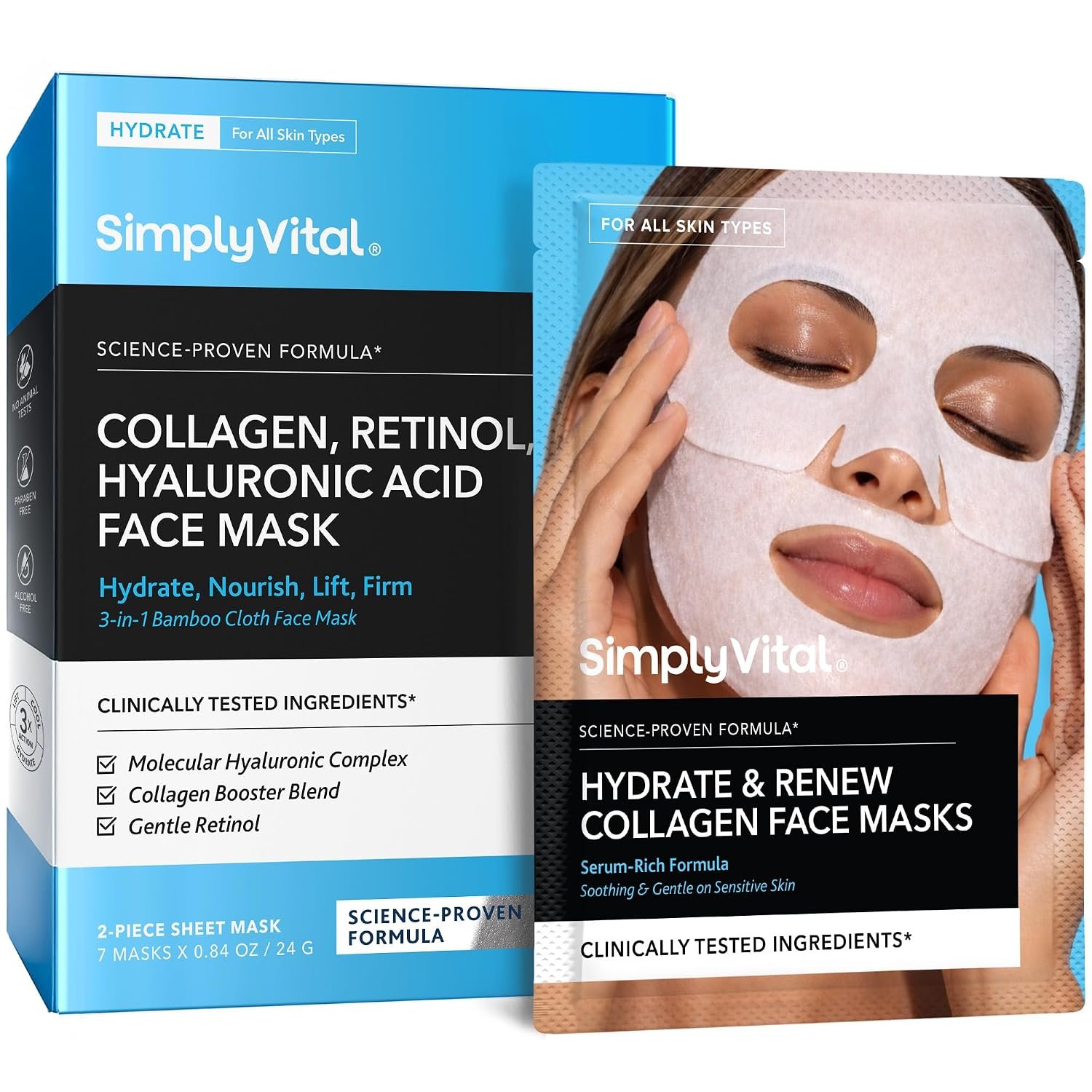 Collagen Facial Mask – Retinol Hyaluronic Acid Hydrating Sheet Mask 7 Pack