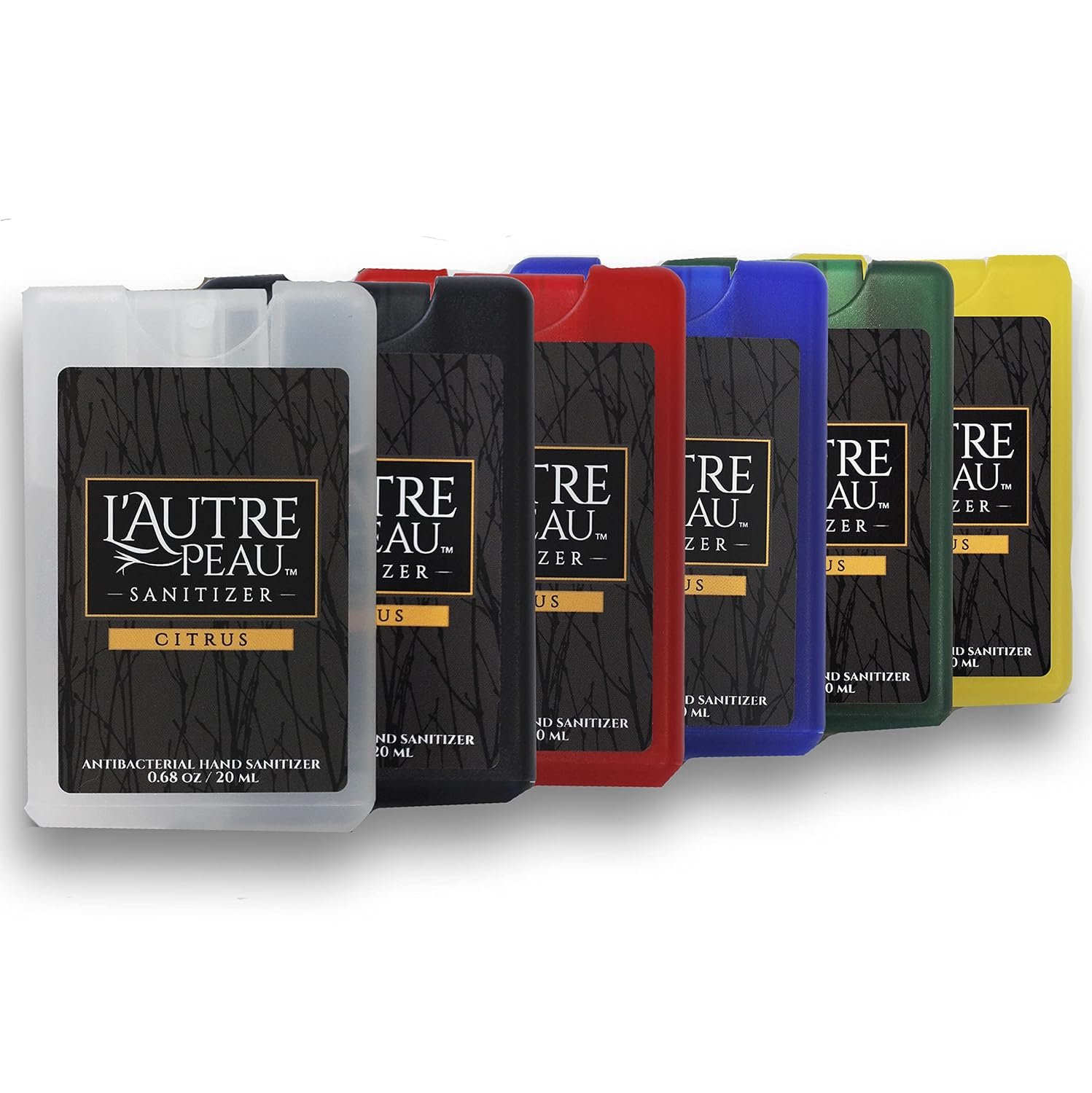 Travel Hand Sanitizer Spray with Aloe Vera by L’AUTRE PEAU – Unique Flat Credit Card Shape – Citrus Scented Mini Pocket Size (6 Pack – 20ML, Frost,Black,Red,Blue,Green,Yellow)