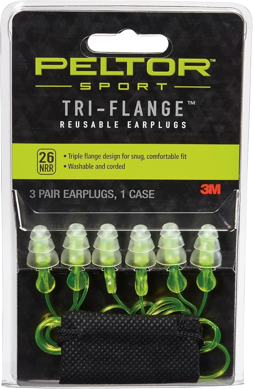Peltor Sport Tri-Flange Corded Reusable Earplugs, 3-Pairs per Pack