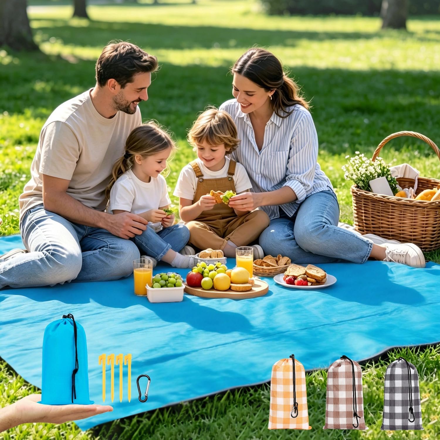 Fammart Beach Blanket Sandproof Waterproof, Extra Large Beach Mat w/Stakes, Oversized & Compact Sand Free, Quick Drying Pocket Picnic Blanket for Festivals Hiking Outdoor Camping Beach Essentials