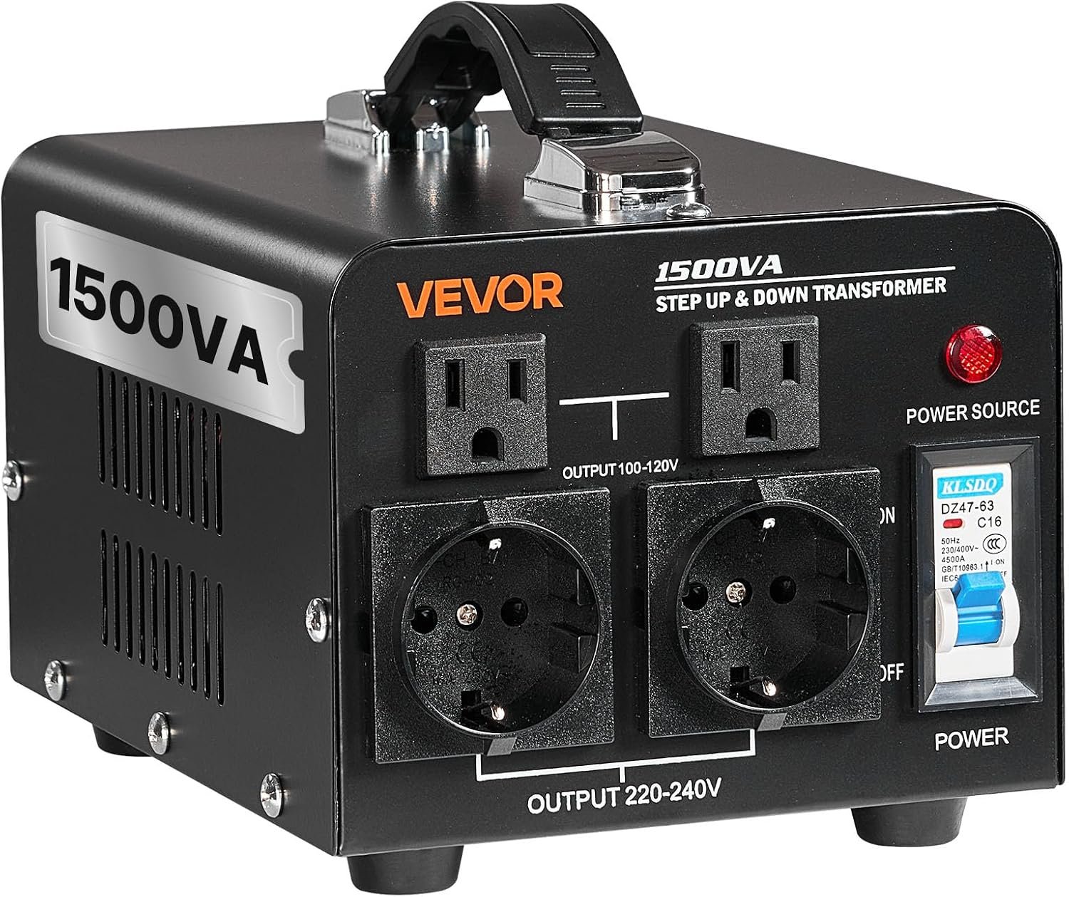 VEVOR Voltage Converter Transformer, 1500VA, Heavy Duty Step Up/Down Power Transformer, Convert from 110V to 220V and 220V to 110V, with EU Outlets, US Outlets, Power Cord, Circuit Breaker Protection