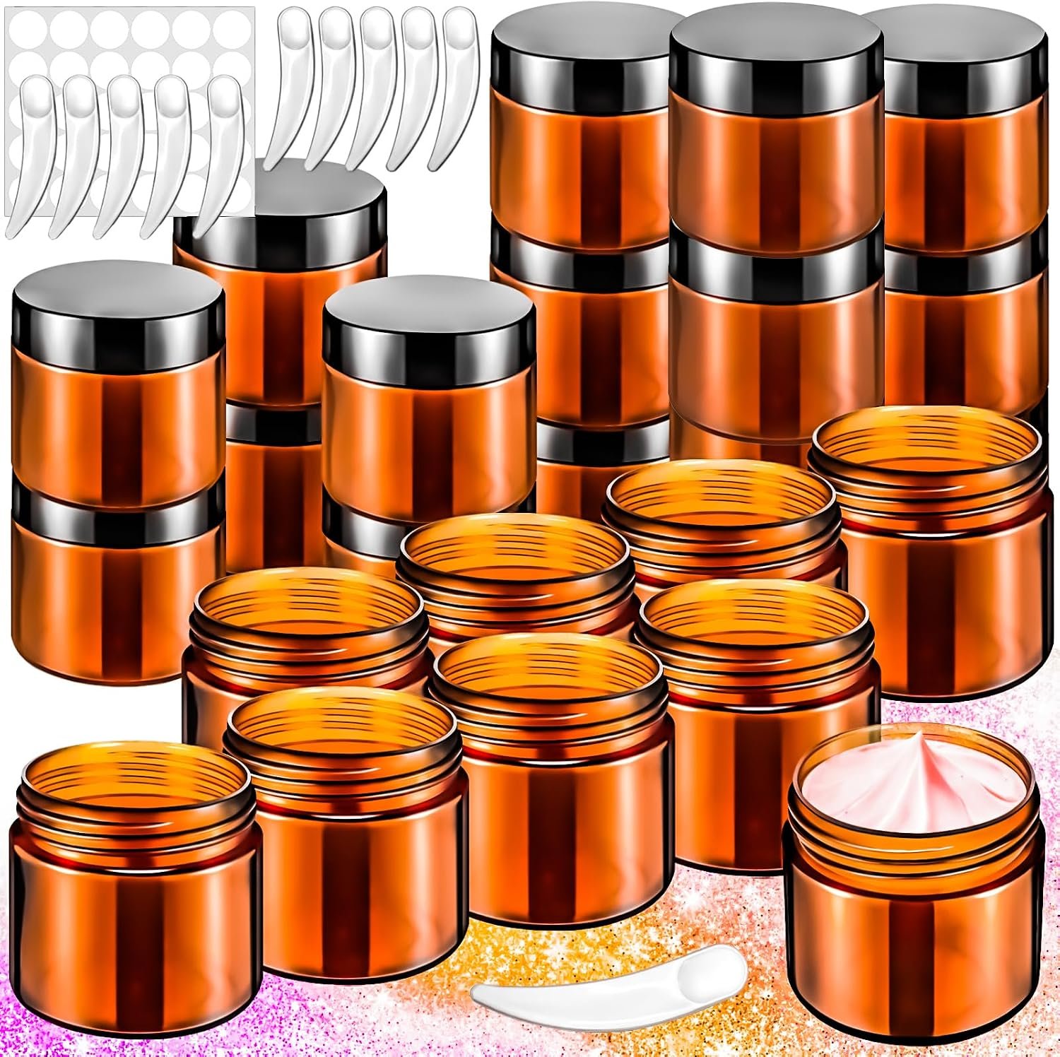 16 Pack 2oz Amber Plastic Jars, 60ml Empty Small Round Cosmetic Jars Refillable Makeup Containers Leakproof Travel Cosmetic Containers with Black Lids for Sample Cream Lotion Powder Ointment