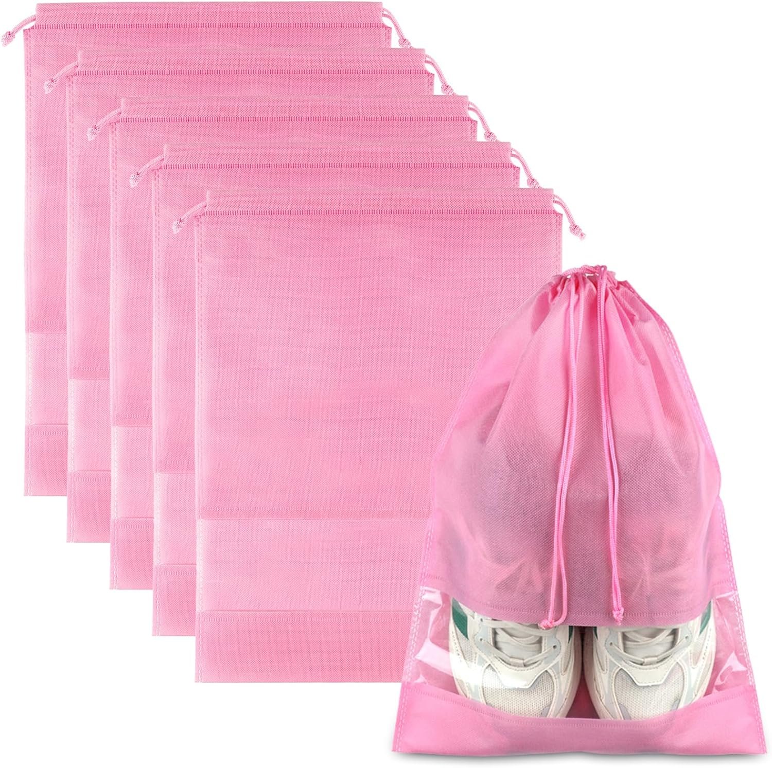 Pink Travel Shoe Bags – 5 Pcs Non-Woven Packing Bags with Clear Window