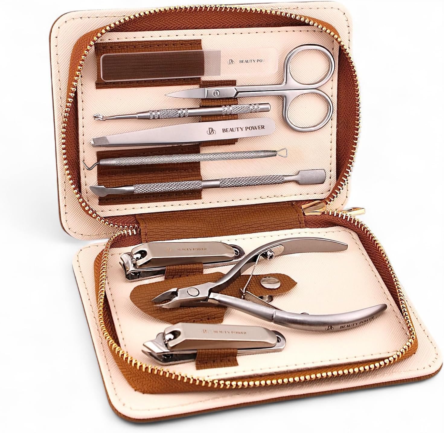 Beauty Power 9 in 1 Professional Manicure Pedicure Set – Stainless Steel Nail Clippers, Nano File, Cuticle Nipper, Scissors, Tweezers, Travel PU Leather Case for Men & Women – Gift Idea – Brown