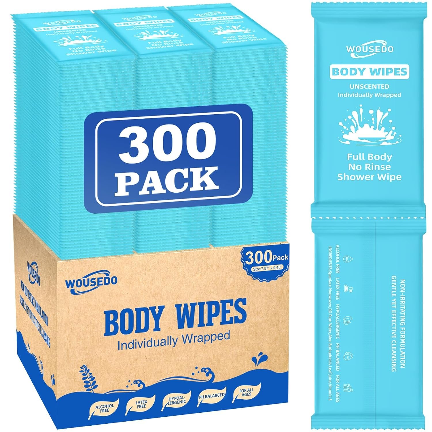 300 Pack Ultra Thick Body Wipes Individually Wrapped, Size 7.87″ x 9.45″
