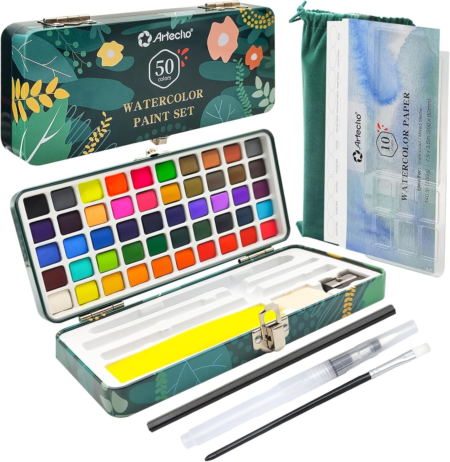 Artecho 50-Color Watercolor Paint Set, Compact Travel Tin Case