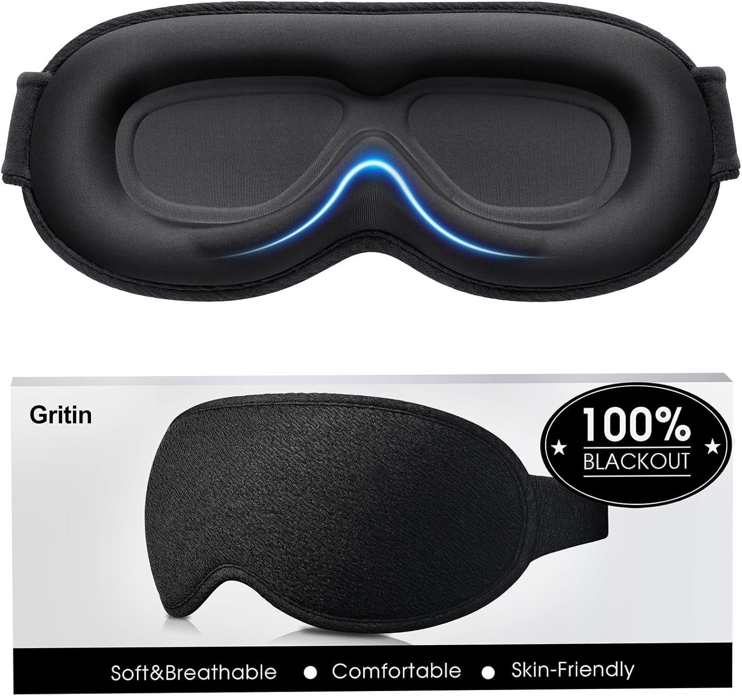 Gritin 100% Blackout Sleep Eye Mask for Women Men, Zero Pressure Sleep Mask