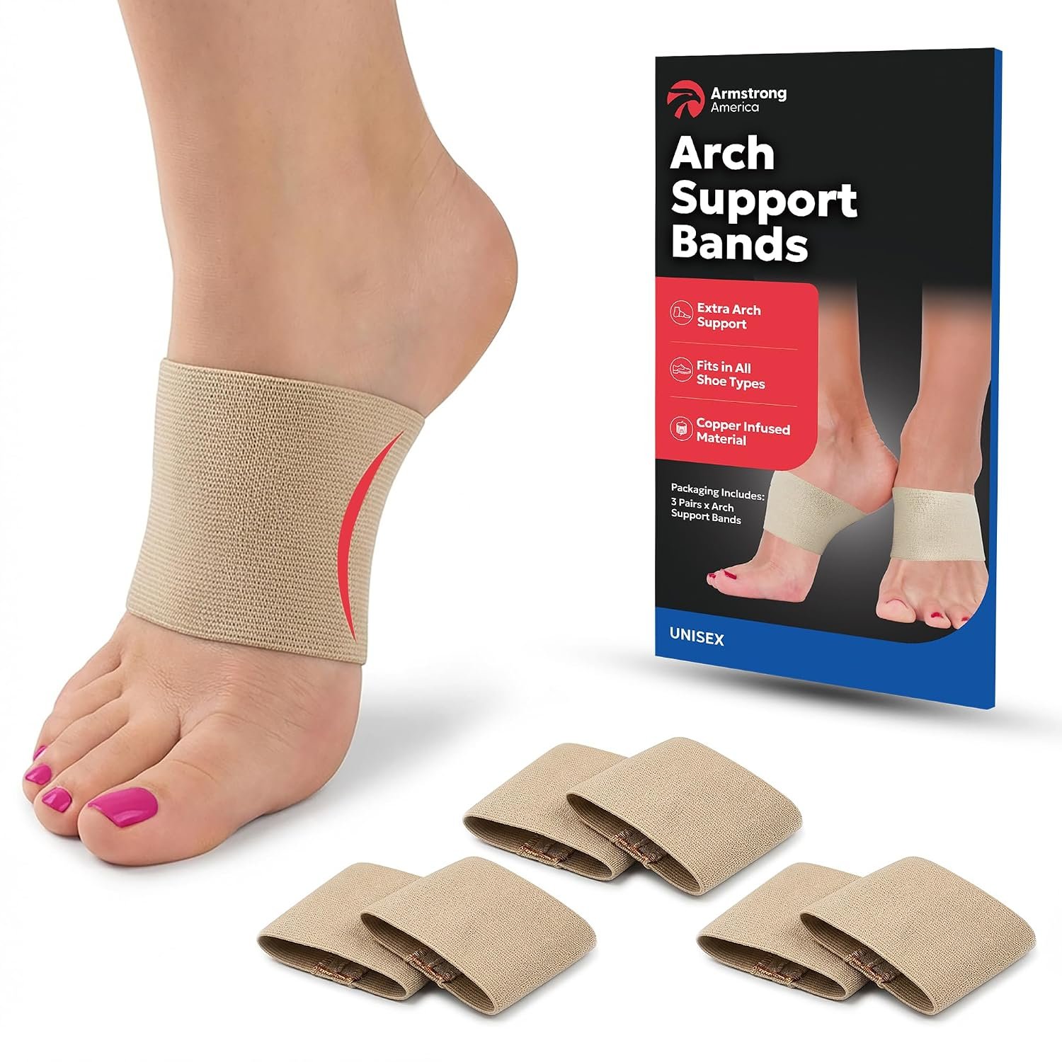 Arch Supports for Plantar Fasciitis Relief – Compression Sleeve & Foot Brace For Heel Pain, Bone Spurs, Flat Feet, High Arches – Copper Infused Arch Support Bands for Women & Men Over Socks – One Size – Beige – 3-PACK