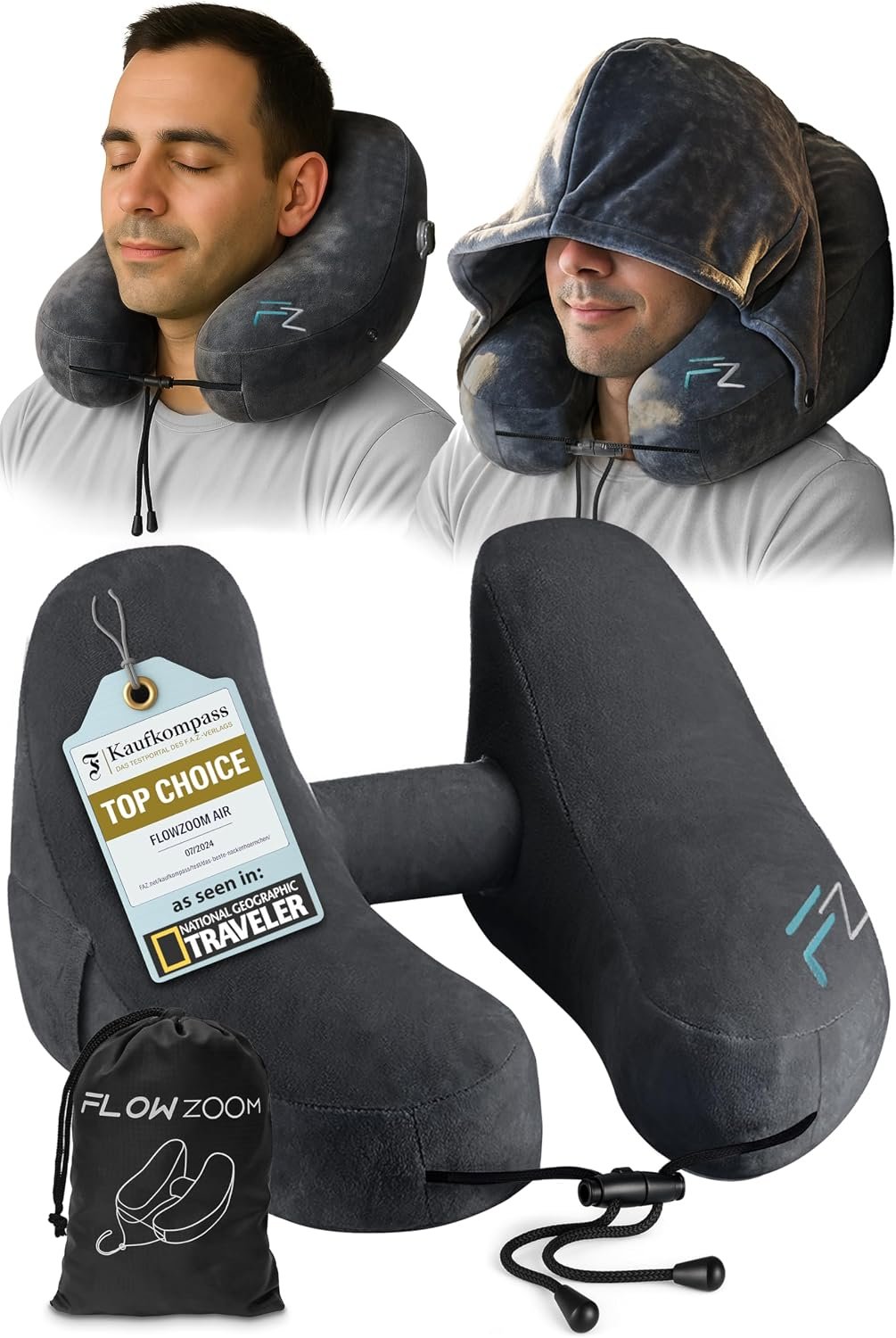 FLOWZOOM Air Inflatable Neck Pillow for Traveling on Plane – H-Shape Hooded Airplane Pillow with 5 Snooze Modes, Fast Inflation, Pressure Control, Cozy Clip-On Hood & Plushy Cover – Size L, Jet Black