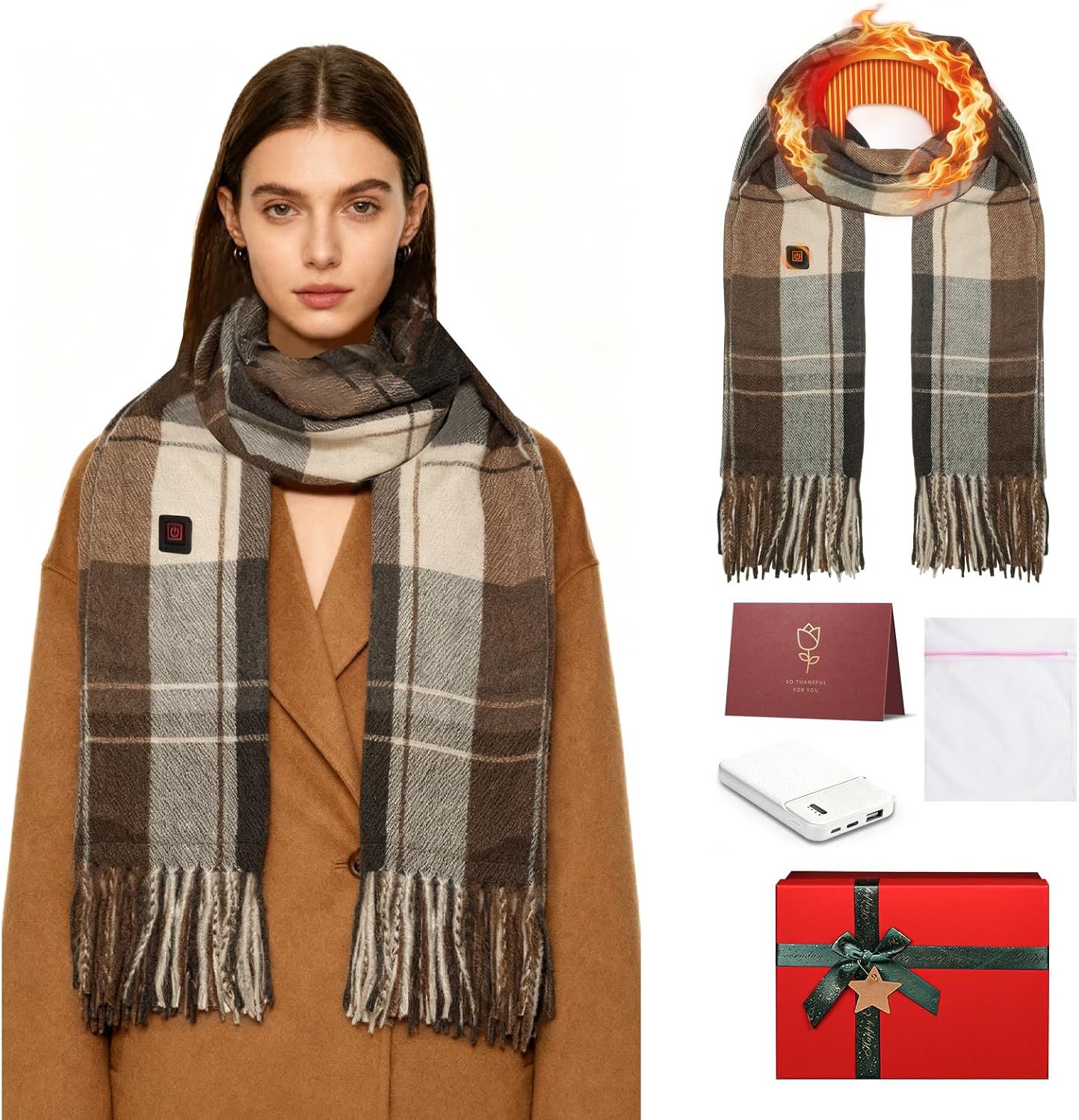 Heated Scarf for Women Men Rechargeable, Electric Heating Neck Warmer 5000mAh Battery 3 Levels, Christmas Gift