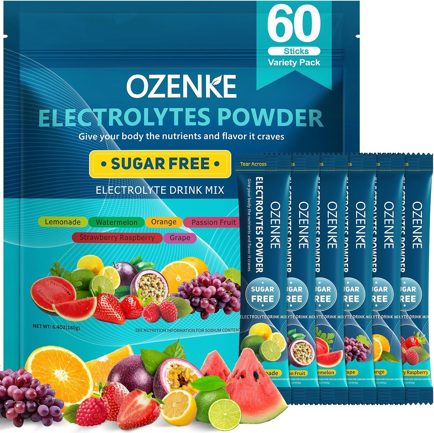 Electrolytes Powder Packets, 60 Sticks Hydration Packets Sugar Free, Electrolyte Drink Mix Travel Electrolyte Packet for Rapid Hydration, 6 Flavors