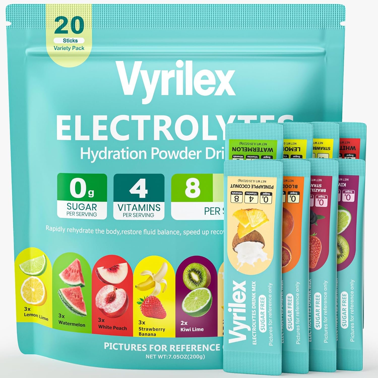 20Sticks High Sodium Electrolyte Powder Packets Sugar Free 8 Flavors