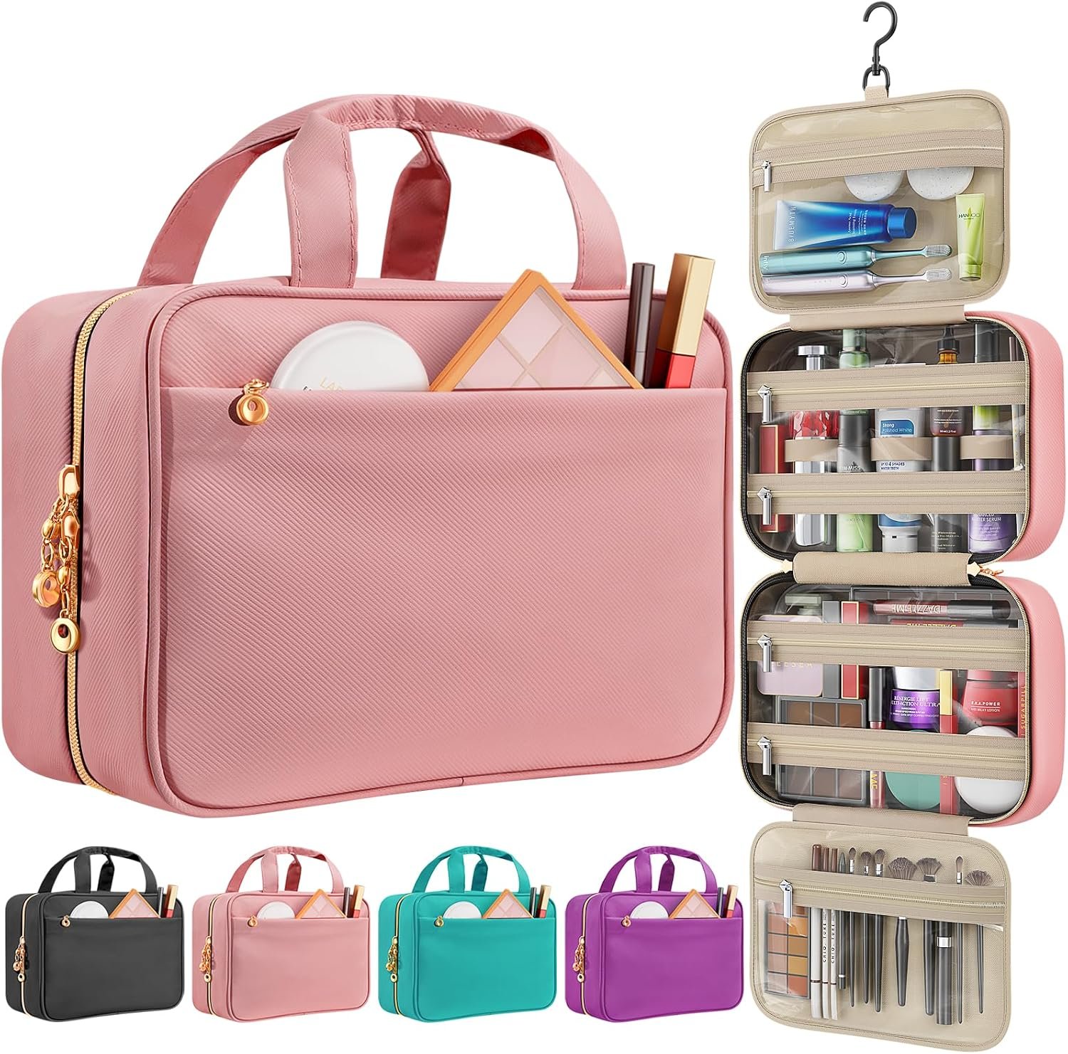 Travel Toiletry Bag for Women, Hanging Makeup Organizer Clear Pockets