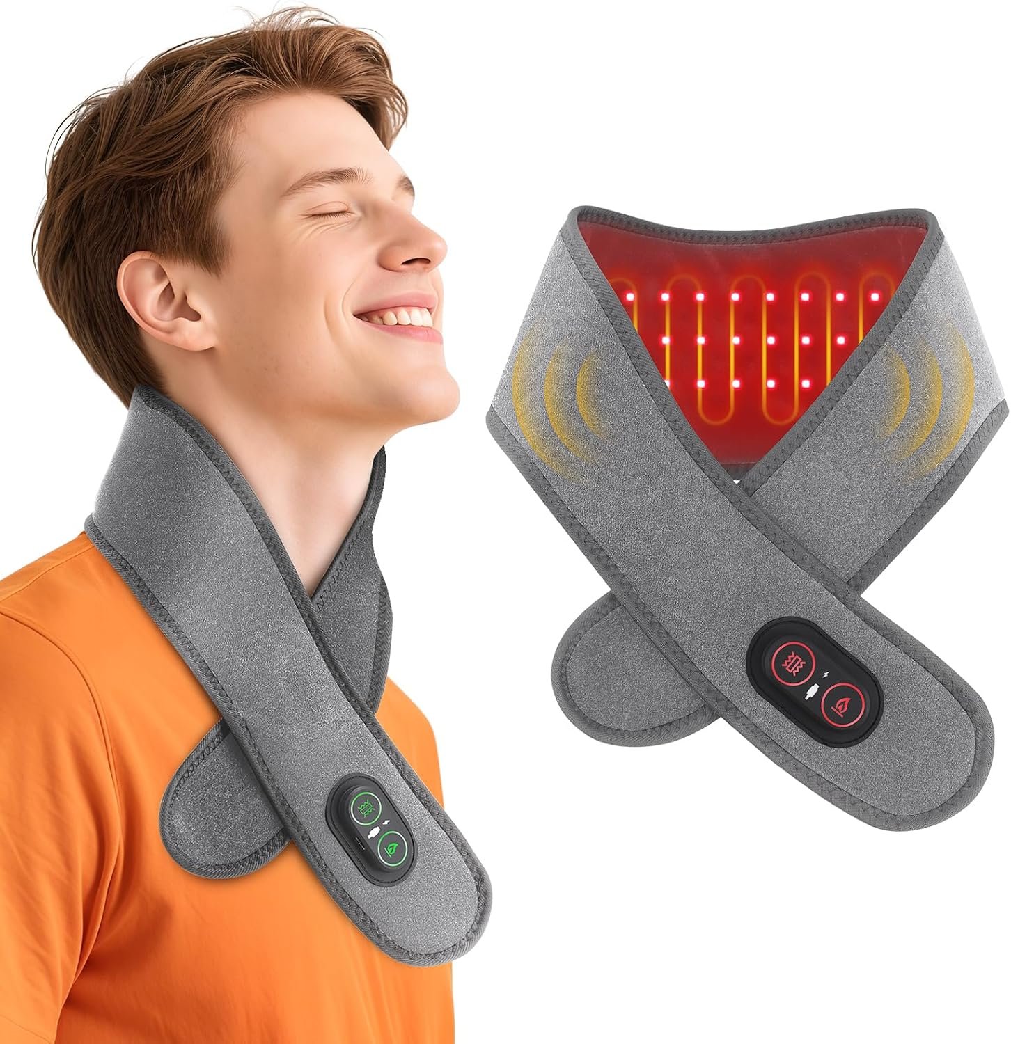 Electric Neck Heating Pad Cordless with Massage, Heated Neck Wrap with 660nm 850nm Red Light, 3 Heat Levels 3 Vibration Modes, Portable Neck Massager for Pain Relief, 3000mAh Rechargeable