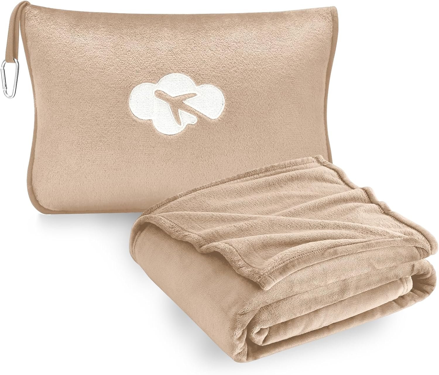Travel Blanket and Pillow Compact, Premium Soft 2 in 1 Airplane Blanket with Soft Bag Pillowcase，Hand Luggage Sleeve and Backpack Clip (Brown)