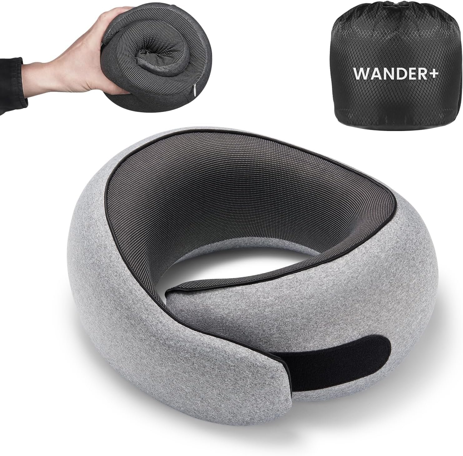 WANDER+® Travel Neck Pillow, Pure Memory Foam Neck Pillow for Airplanes, Comfortable Breathable Cover, 360 Degree Support Ergonomic Design Best for Sleeping Plane Train Travel Essentials Max Grey