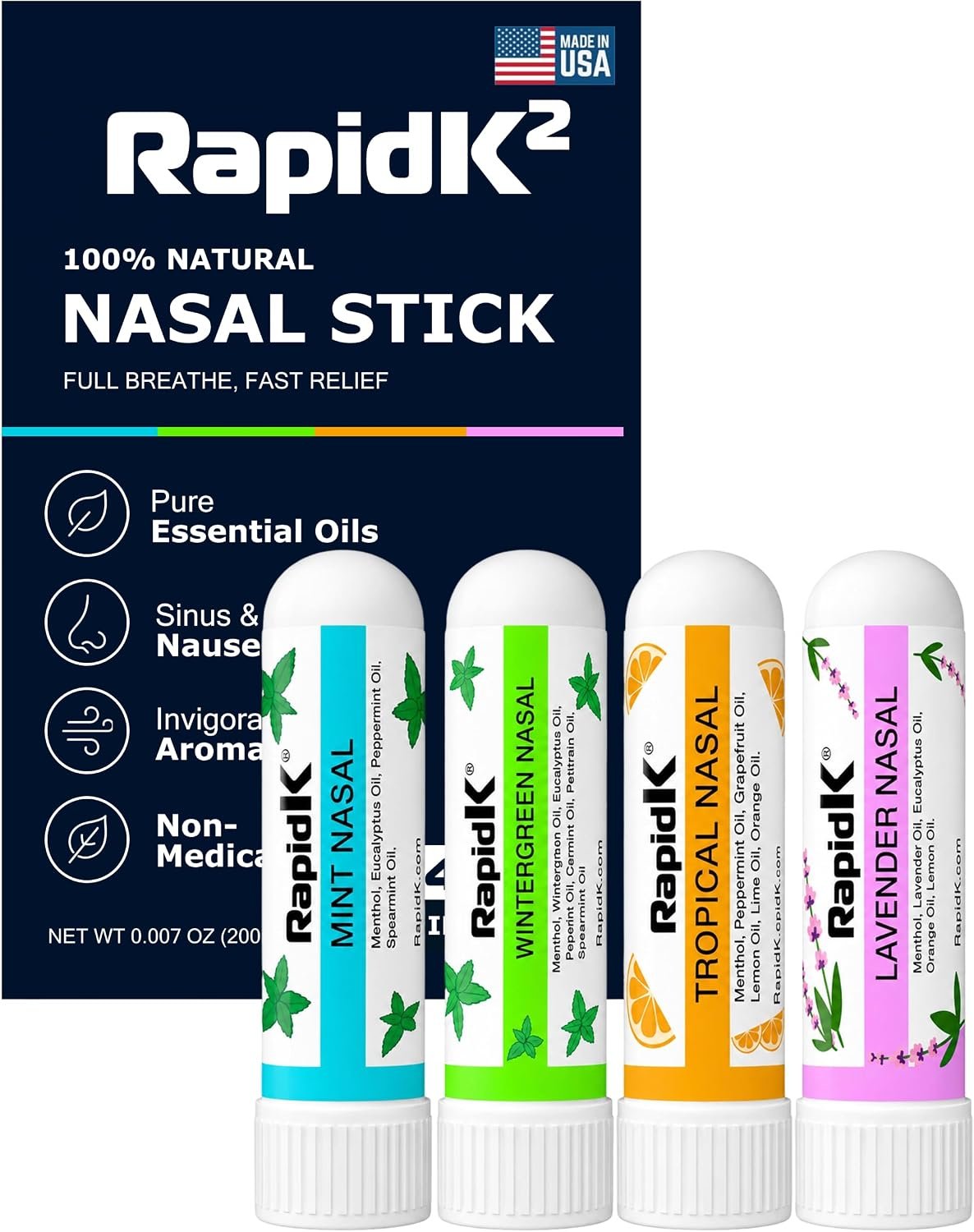 Rapid K2 Nasal Inhaler Stick 4 Pack – Nausea & Sinus Relief, Motion Sickness & Morning Sickness – Non-Medicated Menthol Aromatherapy Inhalers – Mint, Wintergreen, Lavender, Tropical Variety Pack