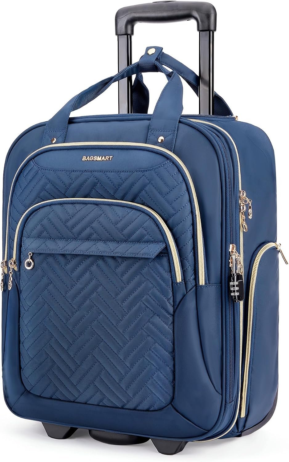 BAGSMART Underseat Carry On Luggage,16″ Softside Suitcase with Wheels, Dark Blue