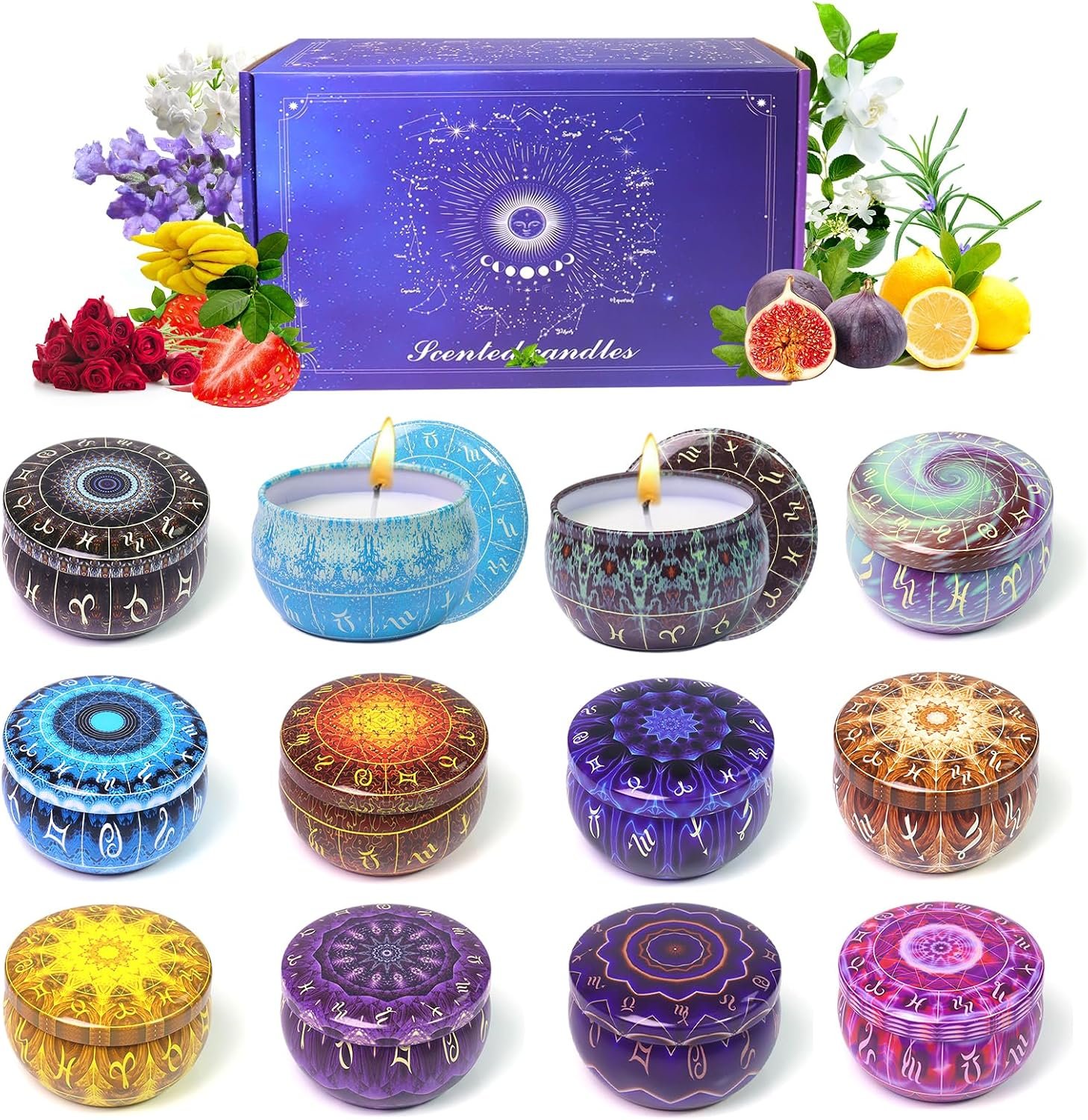 Zodiac Scented Candles Gifts Set, 12 Pack Soy Wax Travel Aromatherapy Candles with Essential Oils, Astrology Constellation Candle Set for Birthday, Mother’s Day, Relaxation, Home Decor