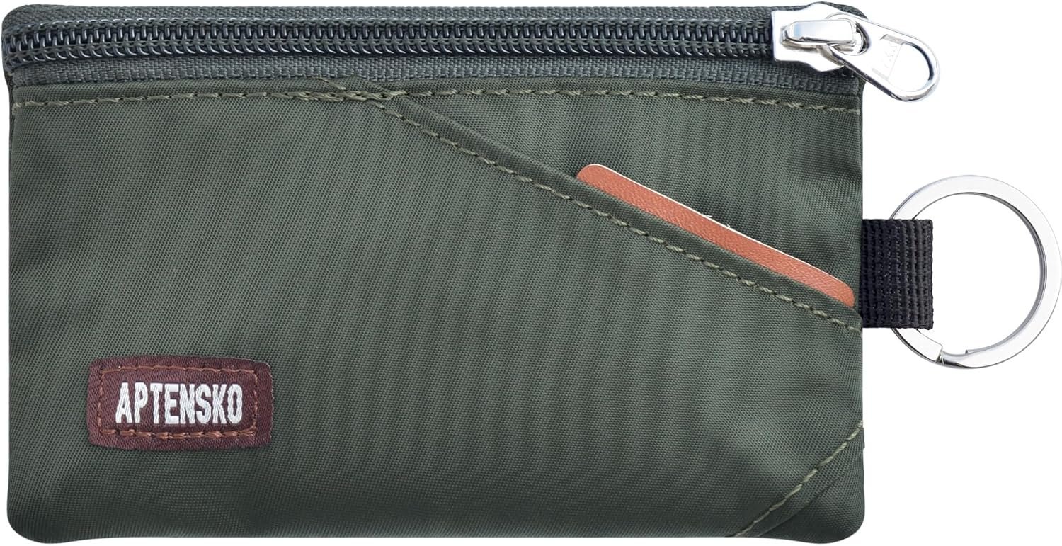RFID Blocking Travel Wallet with Adjustable Lanyard, Small Nylon Zipper Pouch and Badge Holder for ID, Credit Cards, Cash, Keys, Commuters (AmyGreen)
