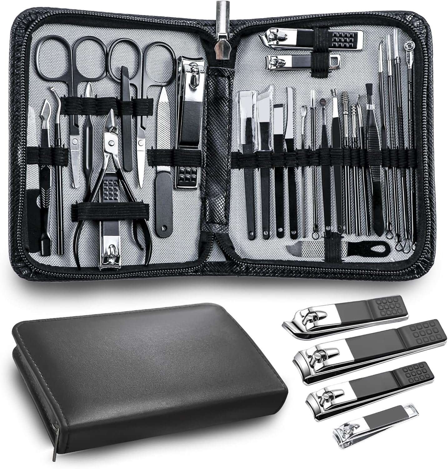 Manicure Pedicure Kit Professional 30pcs Complete Nail Care kit，fingernail and toenail Clippers and Manicure kit for Men with Travel Deluxe Beauty Tools Convenience Set (Black)