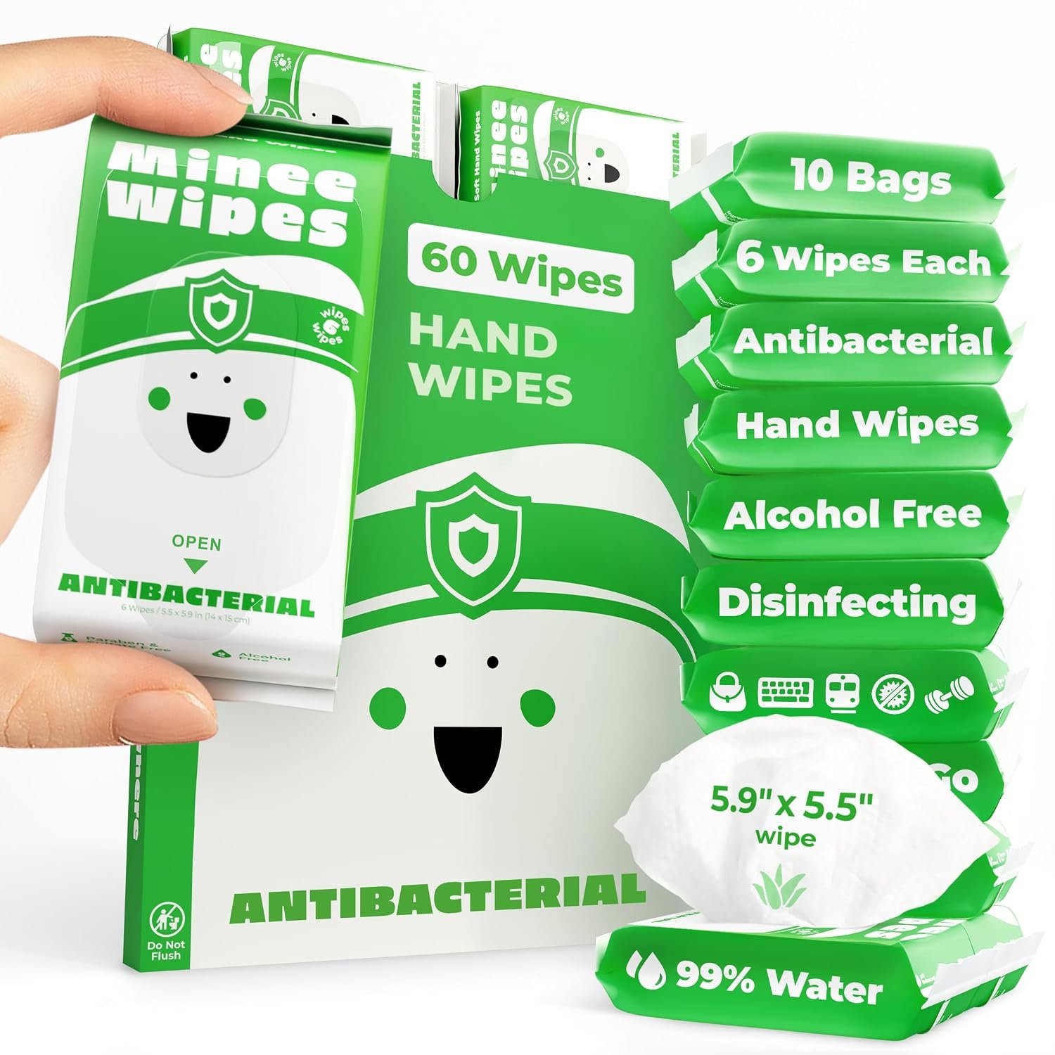 Impossibly Compact Travel Antibacterial Wipes Hand Sanitizer – 99% Water and Aloe – Safe for Sensitive Skin, Hand Wipes – Travel Essentials For Adults & Kids, 10 Pack Total 60 Wipes