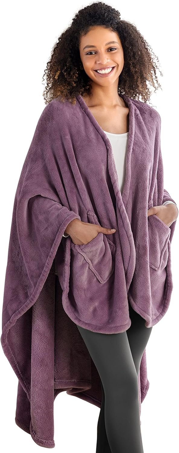 Berkshire Blanket Primalush™ Wearable Blanket, Cozy Loungewear Pocketed Plush Cape Wrap for Adults & Teens(Purple, One Size 58″X64″)