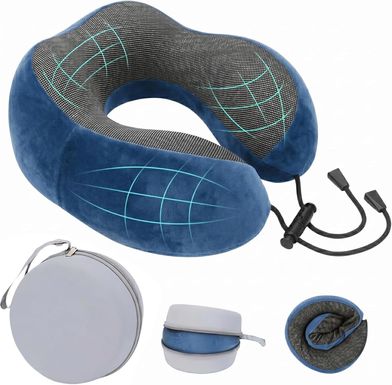 Travel Neck Pillow, 100% Memory Foam, U-Shaped with Storage Box, Blue