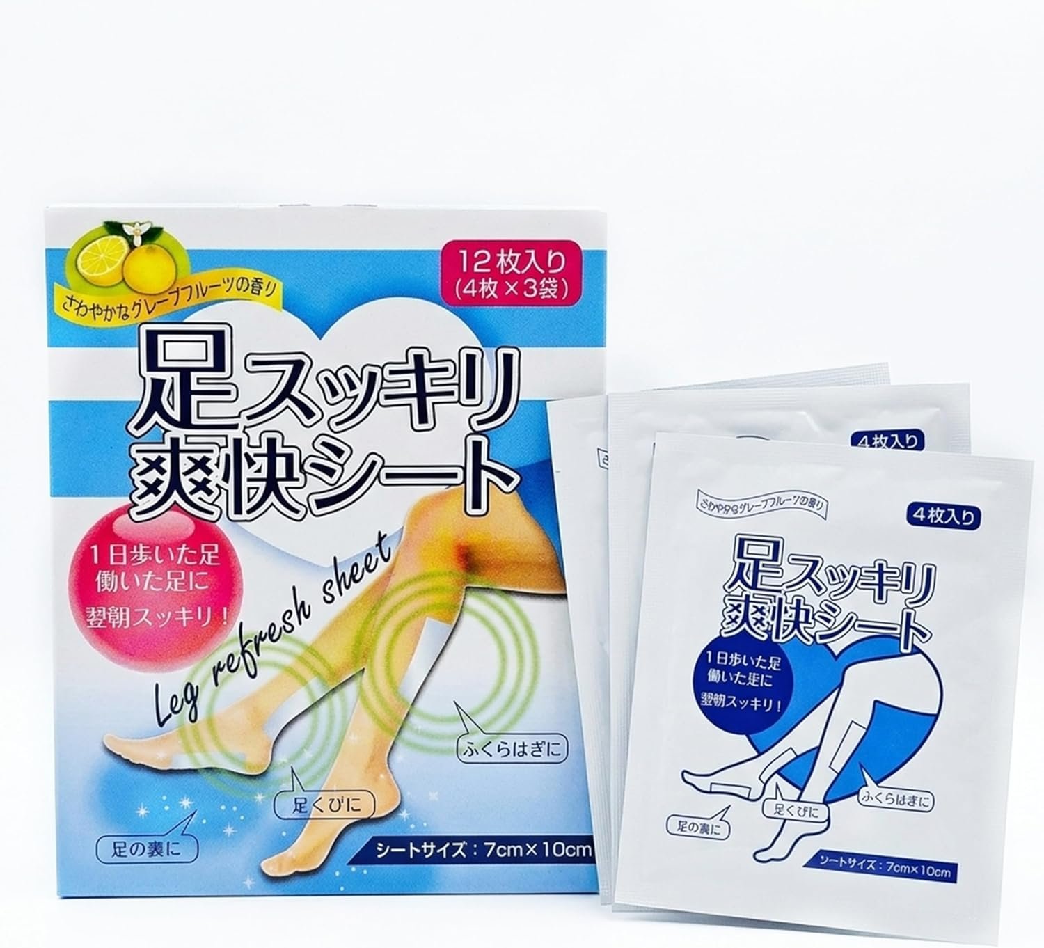 Japanese Cooling Foot and Leg Patches 1 Box (12 Sheets) – Refresh Sheet 7cm x 10cm for Overnight – Grapefruit Scent, Menthol Infused – Ideal Foot Pads for Soles, Ankles & Calves