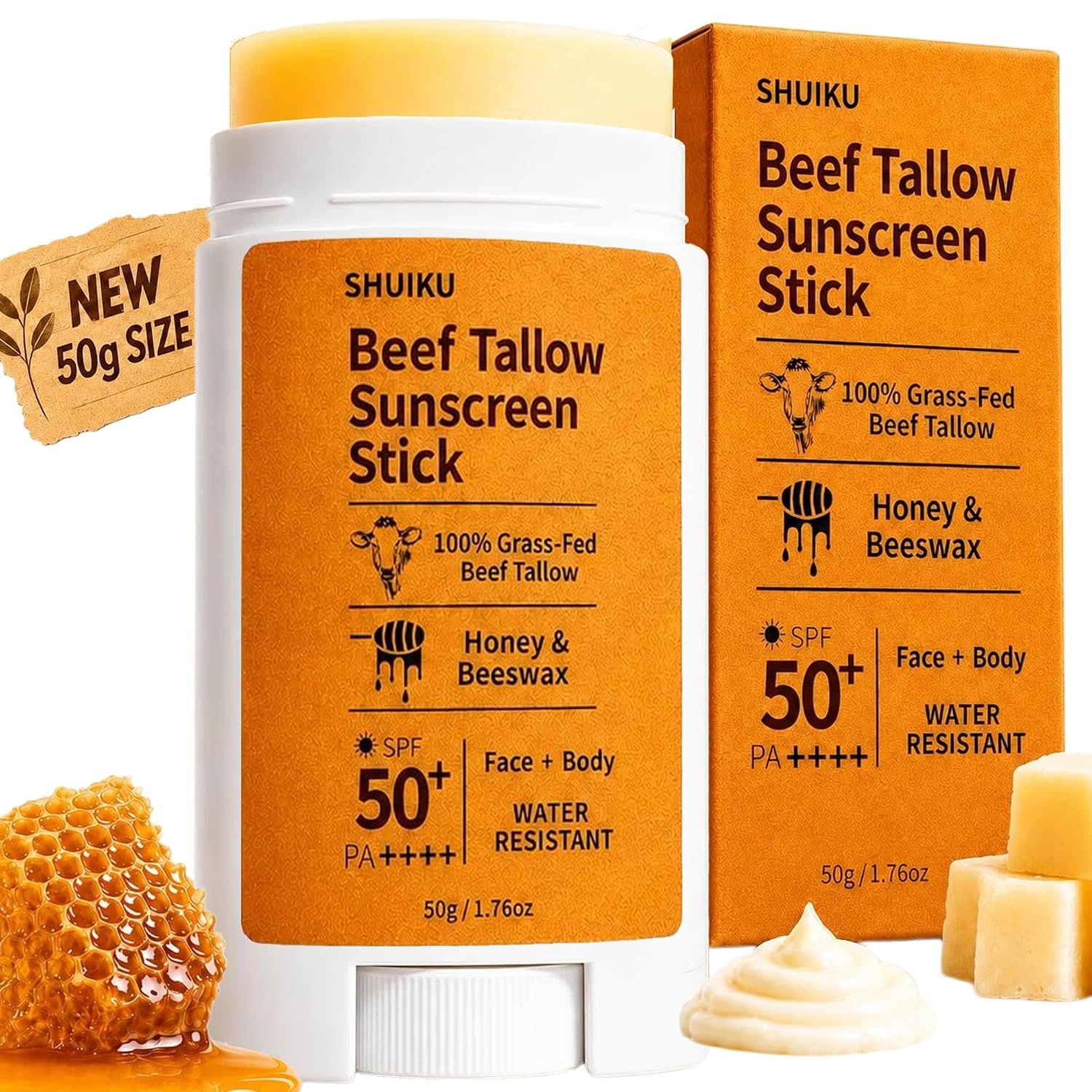 Beef Tallow Sunscreen Stick SPF 50, Mineral Sunscreen with Non-Nano Zinc Oxide, Honey & Beeswax, Unscented Sun Stick for Face & Body, Outdoor Travel Sunscreen Balm, 50g / 1.76 oz