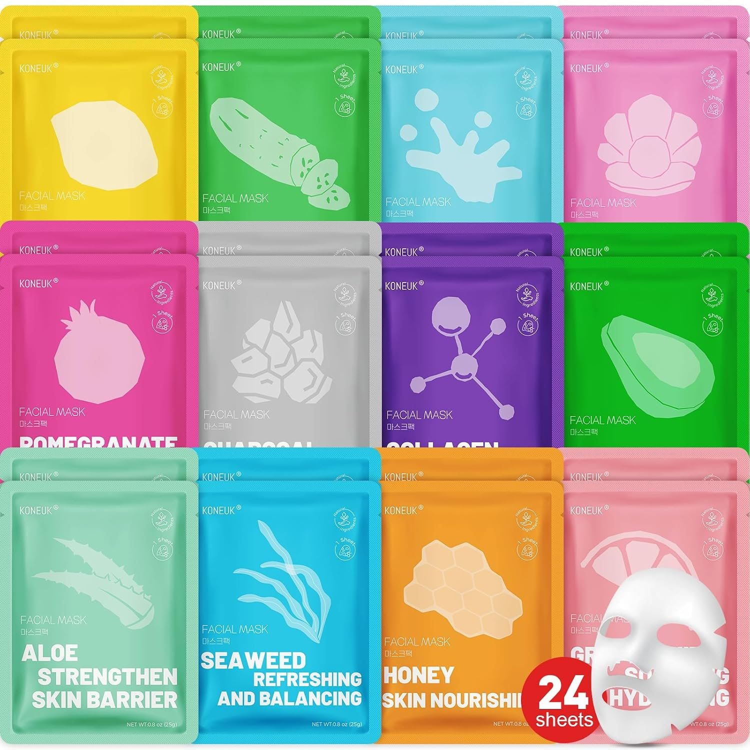 KONEUK 24 Pack Sheet Hydrating Face Masks Skincare, Soothing & Moisturizing