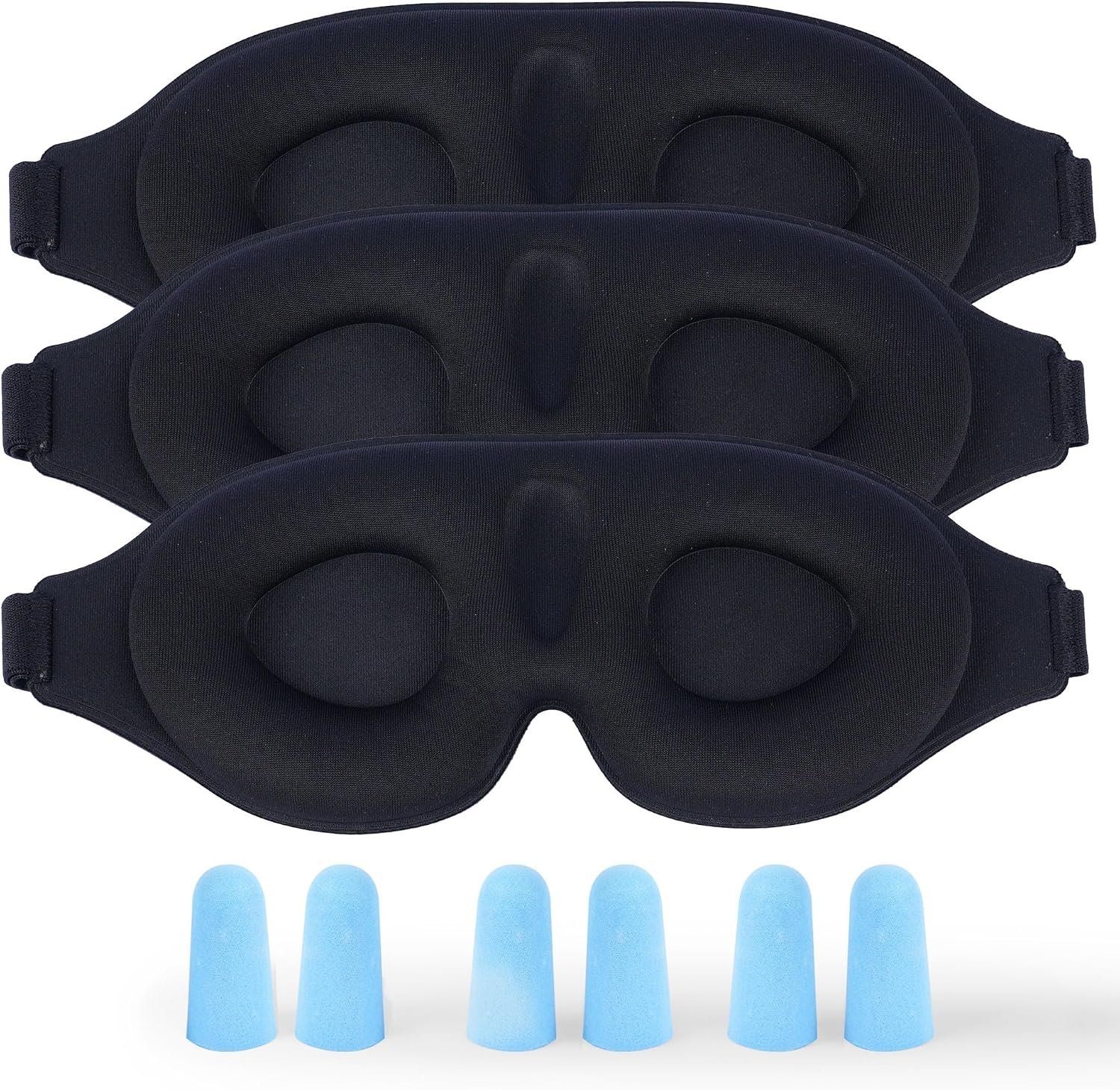 3 Pack 3D Contoured Sleep Eye Mask – with 3 Pack Ear Plugs – Soft Breathable Blackout Sleeping EyeMask for Men Women Adults – Lightweight Zero Pressure Eye Cover for Travel Naps Night Shift Meditation