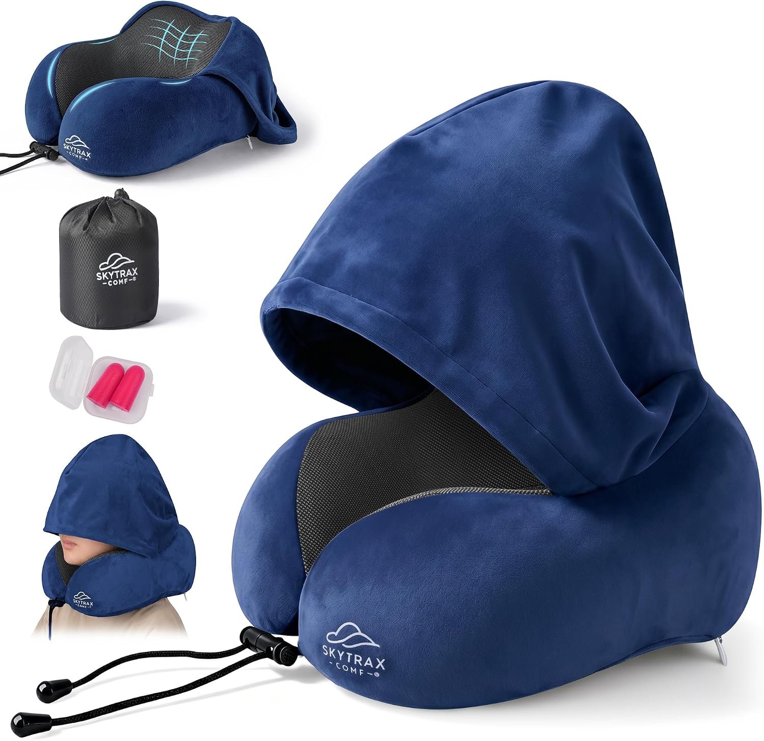 SkytraxComf® Travel Neck Pillow with Hood for Privacy on Long Flights