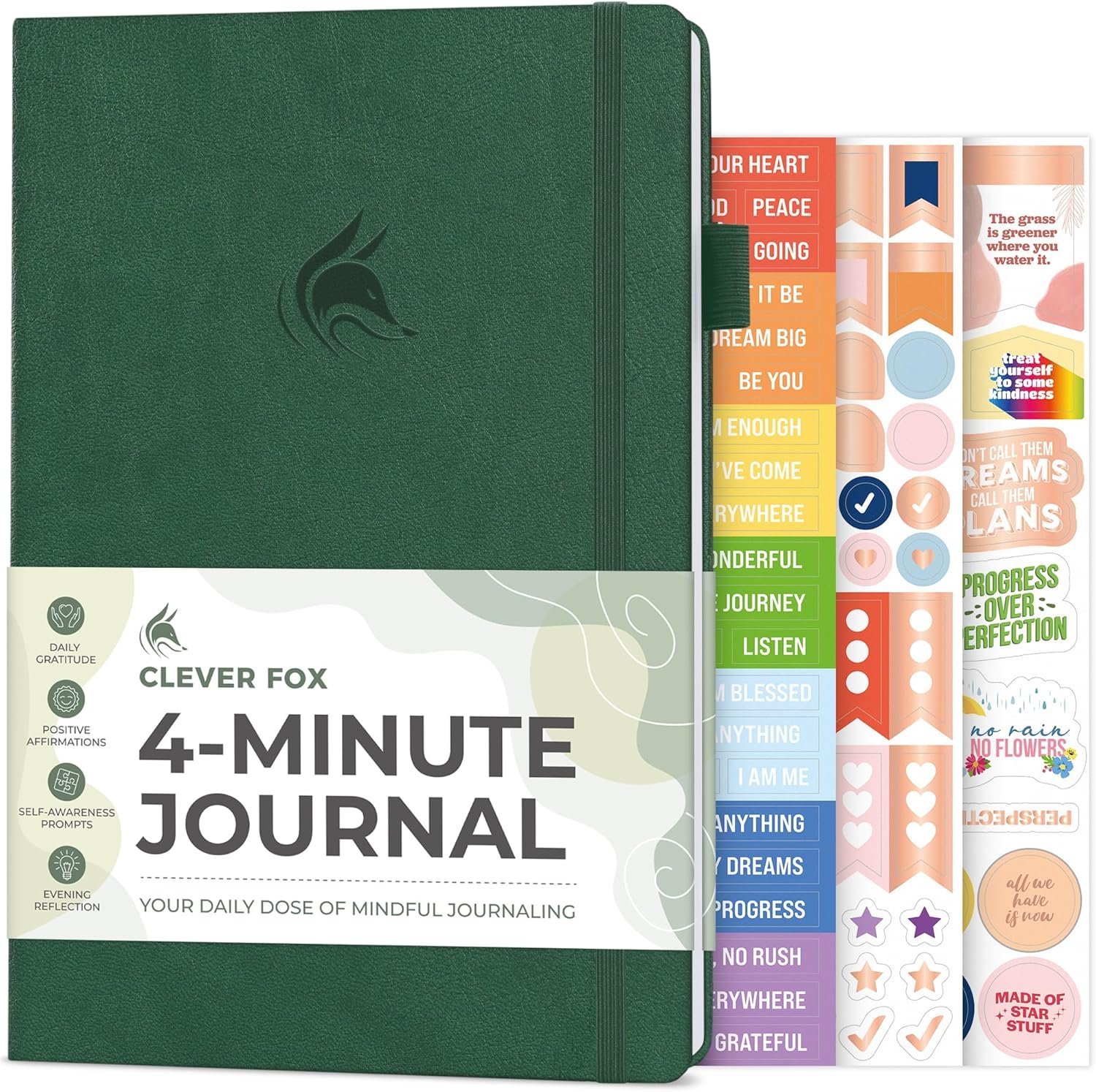 Clever Fox 4 Minute Journal, Guided Daily Habit Tracker Forest Green