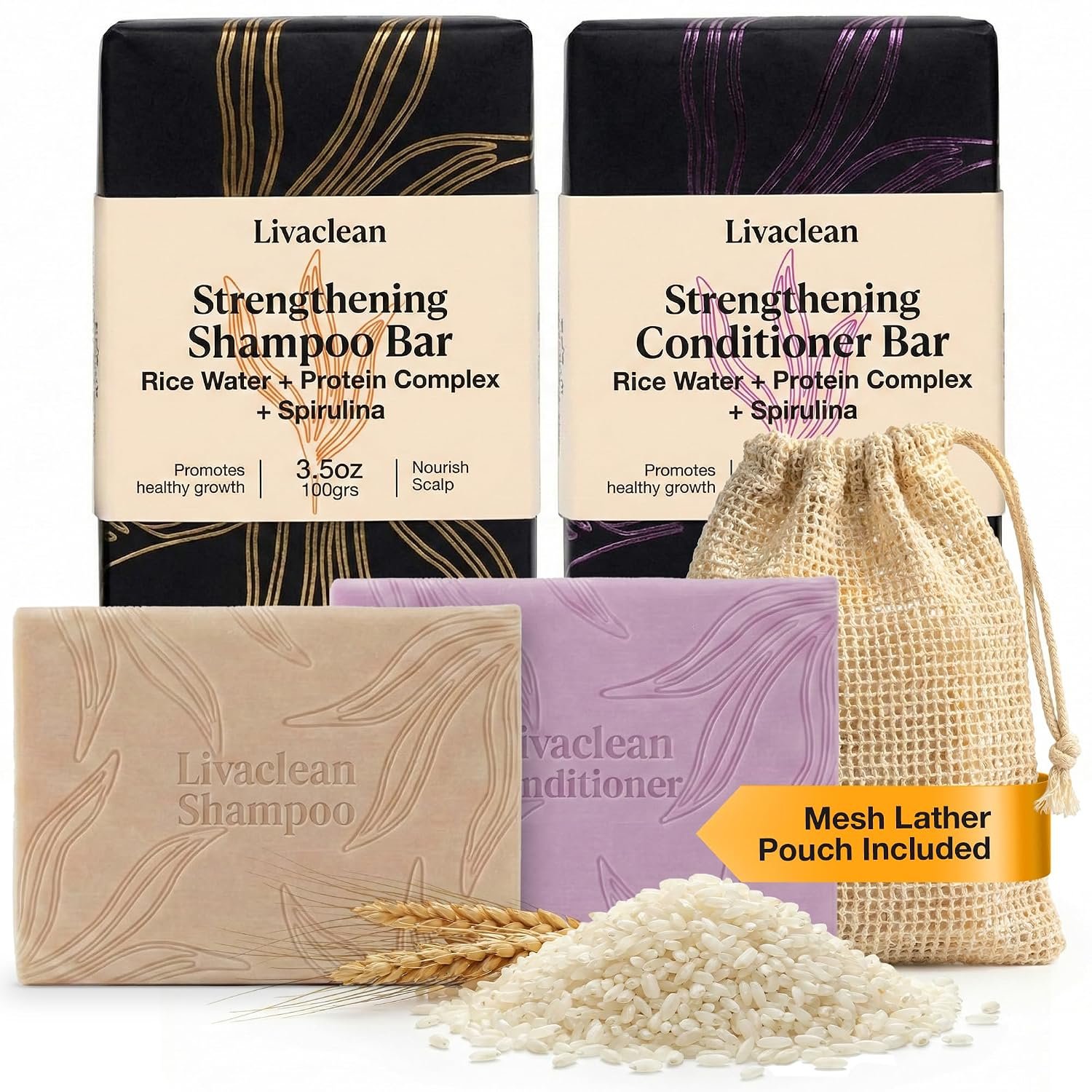 2 Pack Rice Water Shampoo and Conditioner Bar – 2x100g – Hair Soap with Spirulina Matcha Hyaluronic Acid Coconut – No Sulfates or Parabens – Bar shampoo and conditioner Set – Rice Soap for Hair Growth