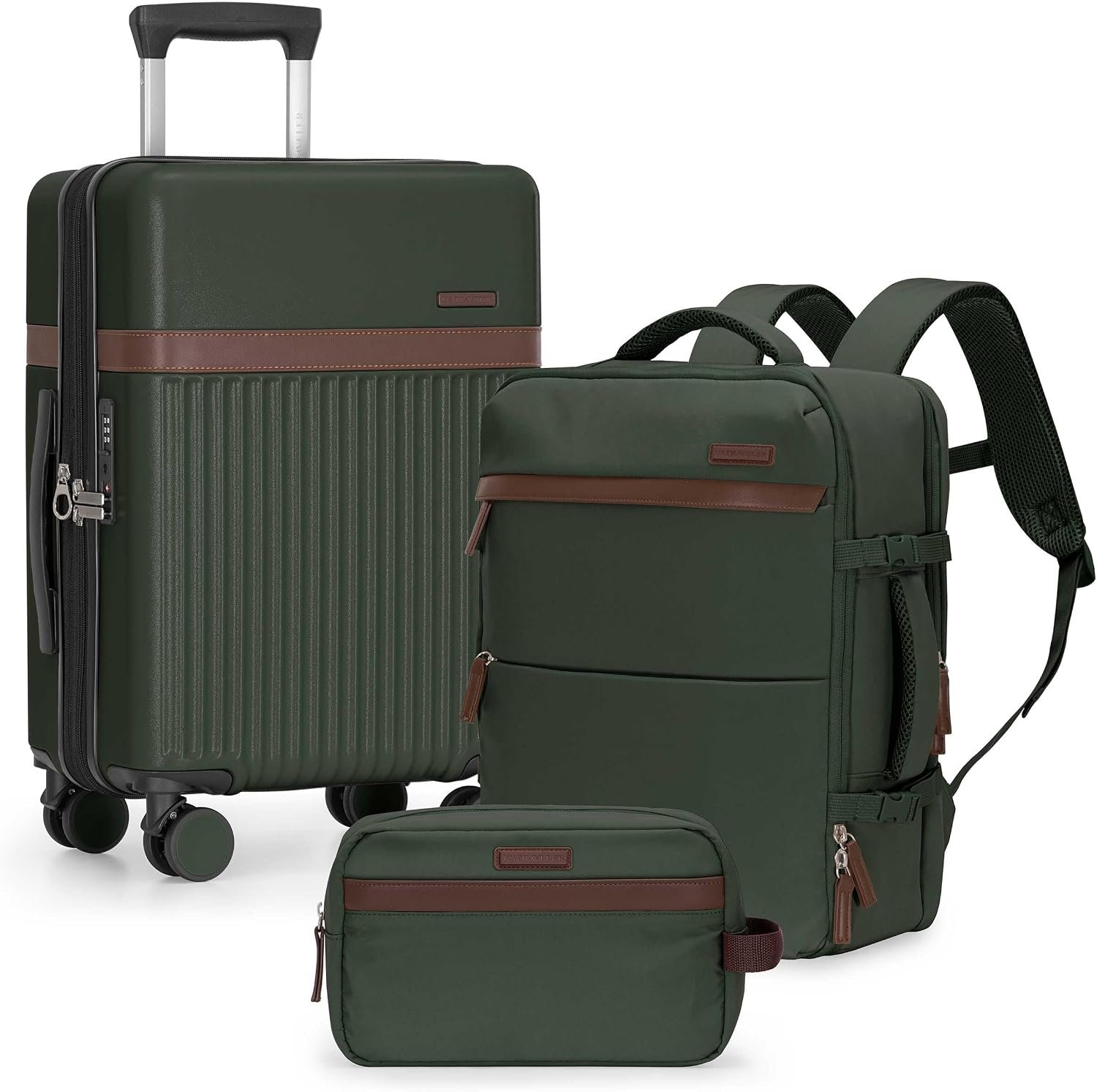 U.S. Traveler Vista Way 3-Piece Travel Set, 21-Inch Carry-on Hardside with TSA Lock, 18-Inch Travel Backpack with Laptop Sleeve, Toiletry Bag, Green