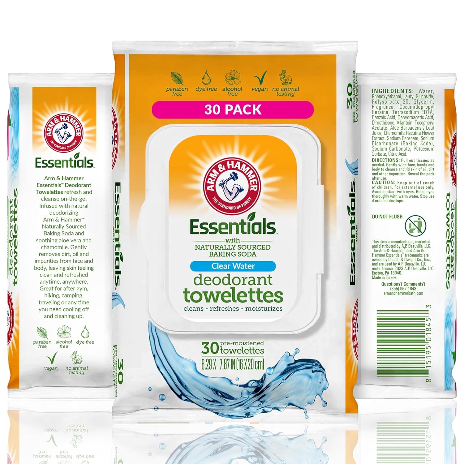 Arm and Hammer Face and Body Wipes for Adults – Deodorant Towelettes 30 Sheets for Women – Shower Wipes for Traveling, Camping, Gym, and Bathing – Alcohol-Free Face Sheets (Clear Water)