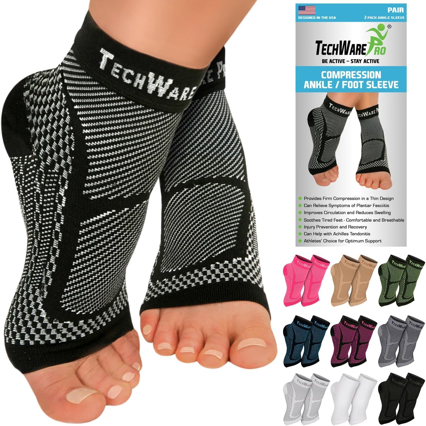 TechWare Pro Ankle Brace Compression Sleeve – Plantar Fasciitis Sock. Relieves Achilles Tendonitis. Foot Arch Support Reduces Joint Pain, Swelling & Heel Spur Pain. Injury Recovery Braces for Sports
