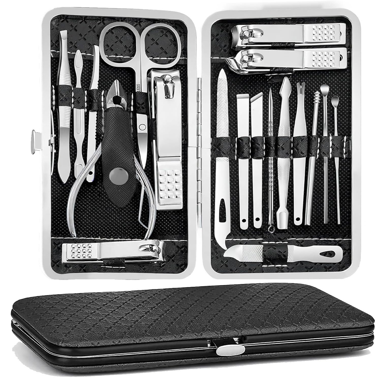 Manicure Pedicure Kit, Nail Clipper Tools Set Exra Thick Personal Care Women’s Grooming Kit Christmas Gifts for Men Husband Boyfriend Parent Nail Care Tools with Travel Case pack of 19