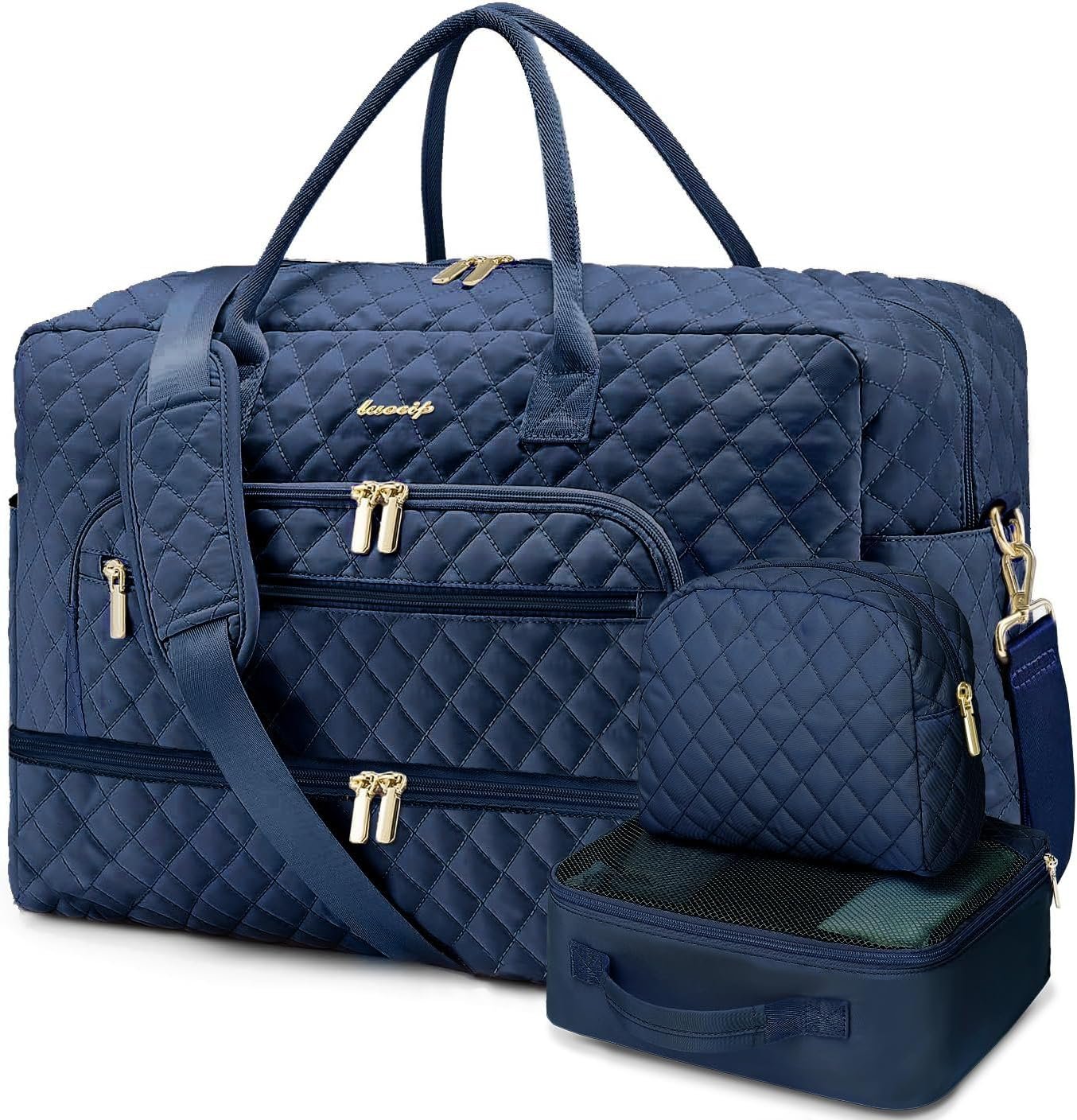 Large Women’s Travel Duffel, Weekender with Shoe Compartment, Carry On Overnight Bag, Gym Duffel with Wet Pocket, Hospital Bags for Labor and Delivery – 3 PCS Set